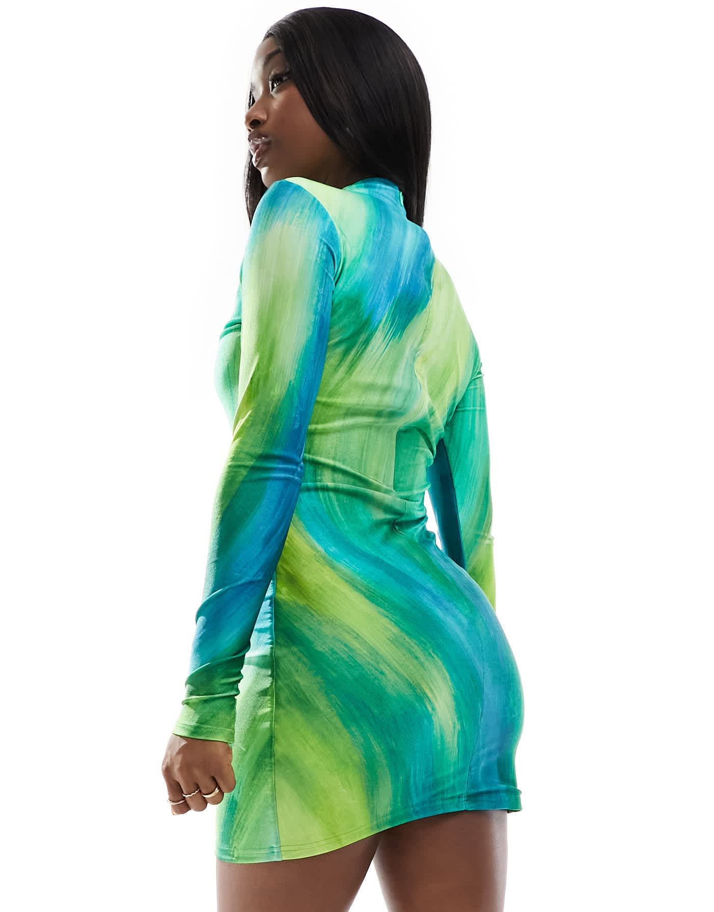Farai London Opehlia high neck long sleeve bodycon mini dress in green ombre - ASOS Sample Sale EU Store