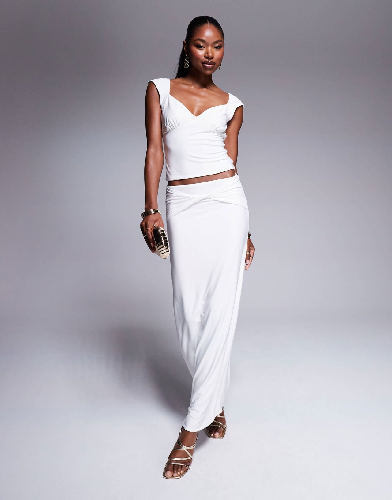 Fashionkilla double layered slinky ruched bust cap sleeve top co - ord in off white - ASOS Sample Sale EU Store