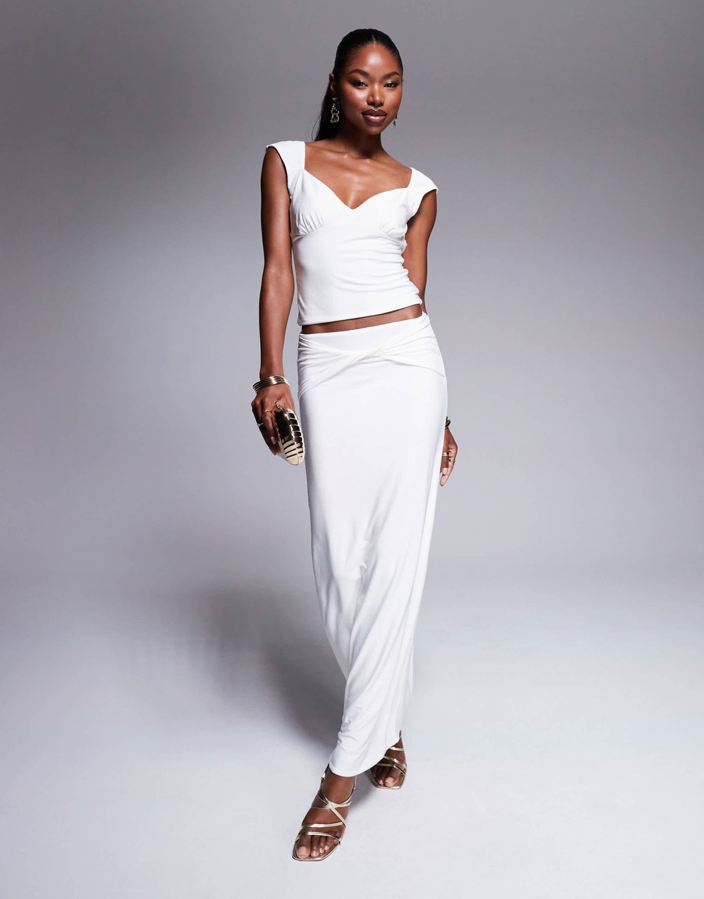 Fashionkilla double layered slinky ruched bust cap sleeve top co - ord in off white - ASOS Sample Sale EU Store