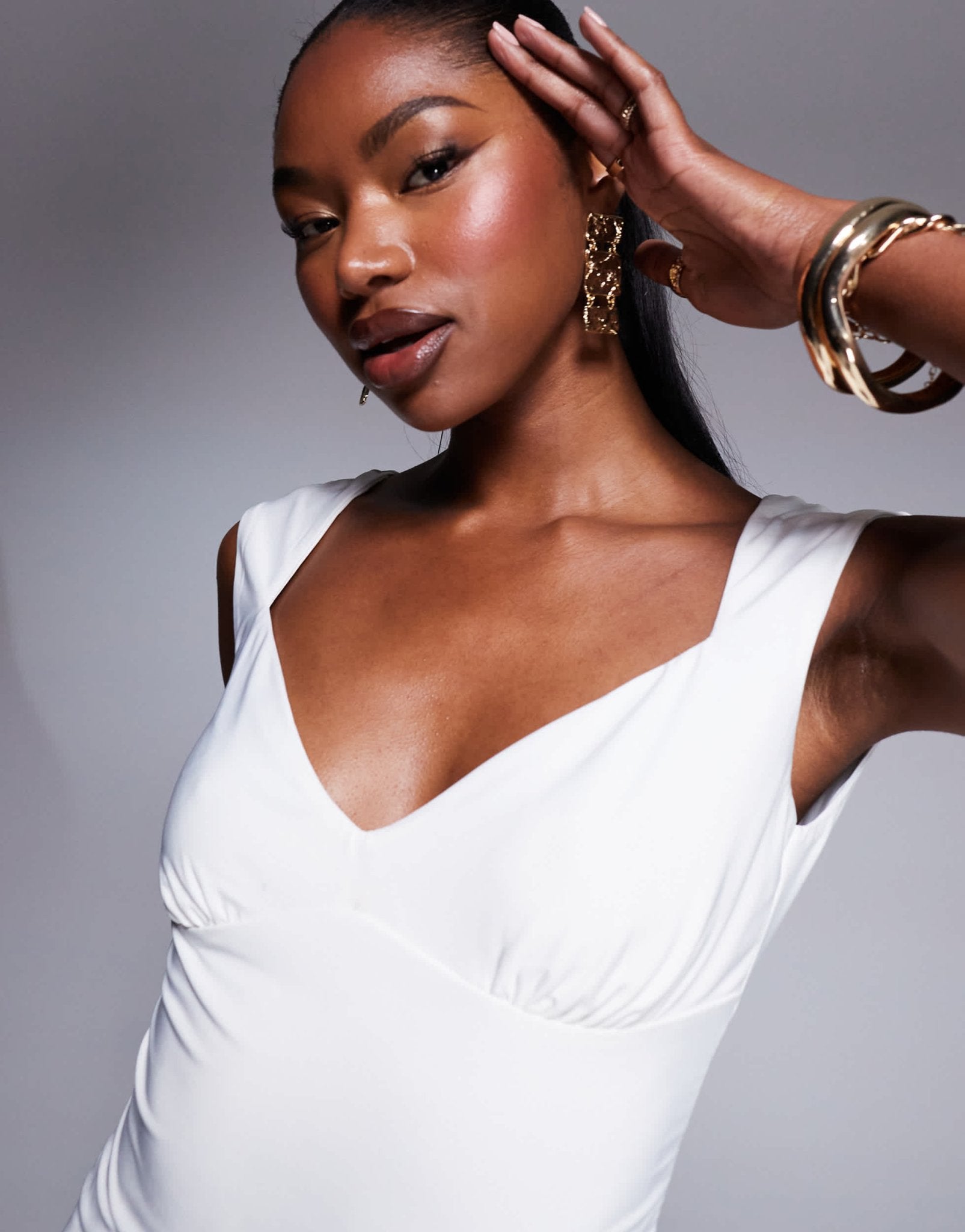 Fashionkilla double layered slinky ruched bust cap sleeve top co - ord in off white - ASOS Sample Sale EU Store