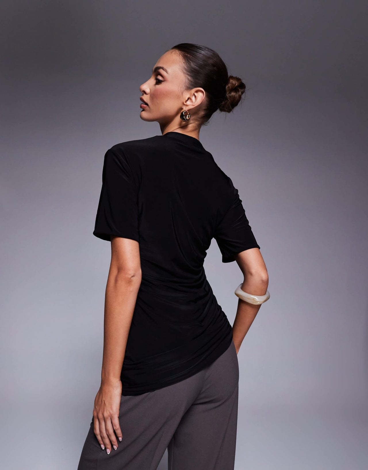 Fashionkilla double sculpted slinky asymmetric ruched side t-shirt in black - ASOS Sample Sale EU Store