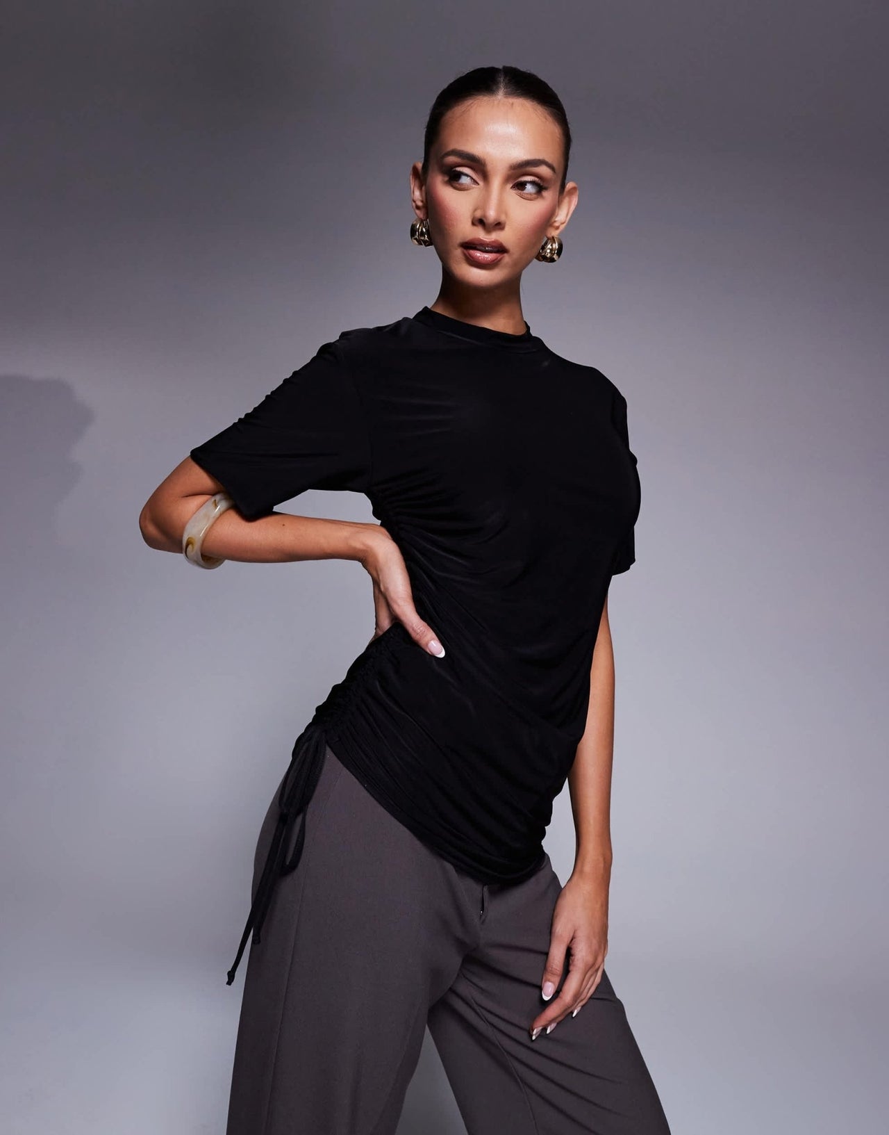 Fashionkilla double sculpted slinky asymmetric ruched side t-shirt in black - ASOS Sample Sale EU Store