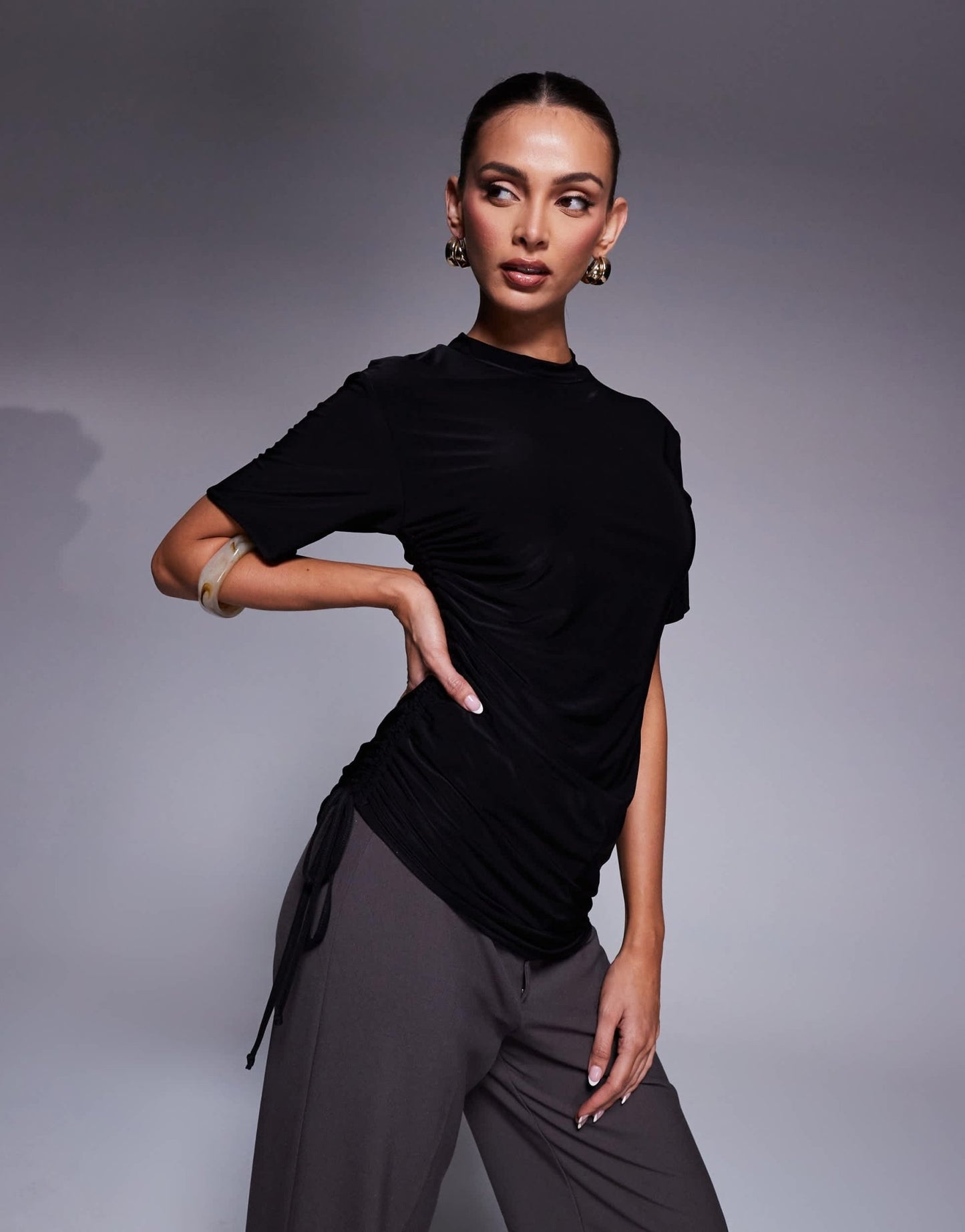 Fashionkilla double sculpted slinky asymmetric ruched side t-shirt in black - ASOS Sample Sale EU Store
