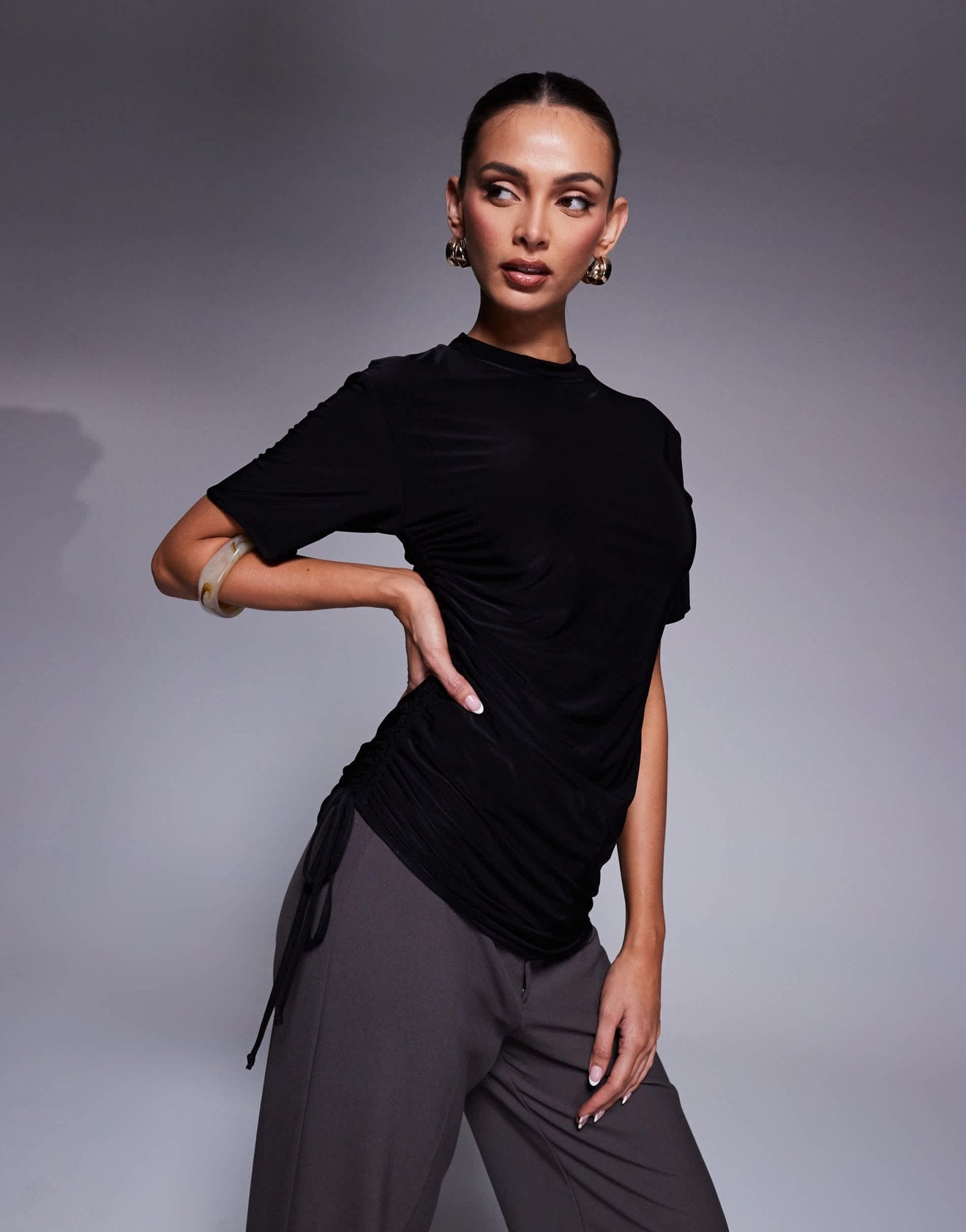 Fashionkilla double sculpted slinky asymmetric ruched side t-shirt in black - ASOS Sample Sale EU Store