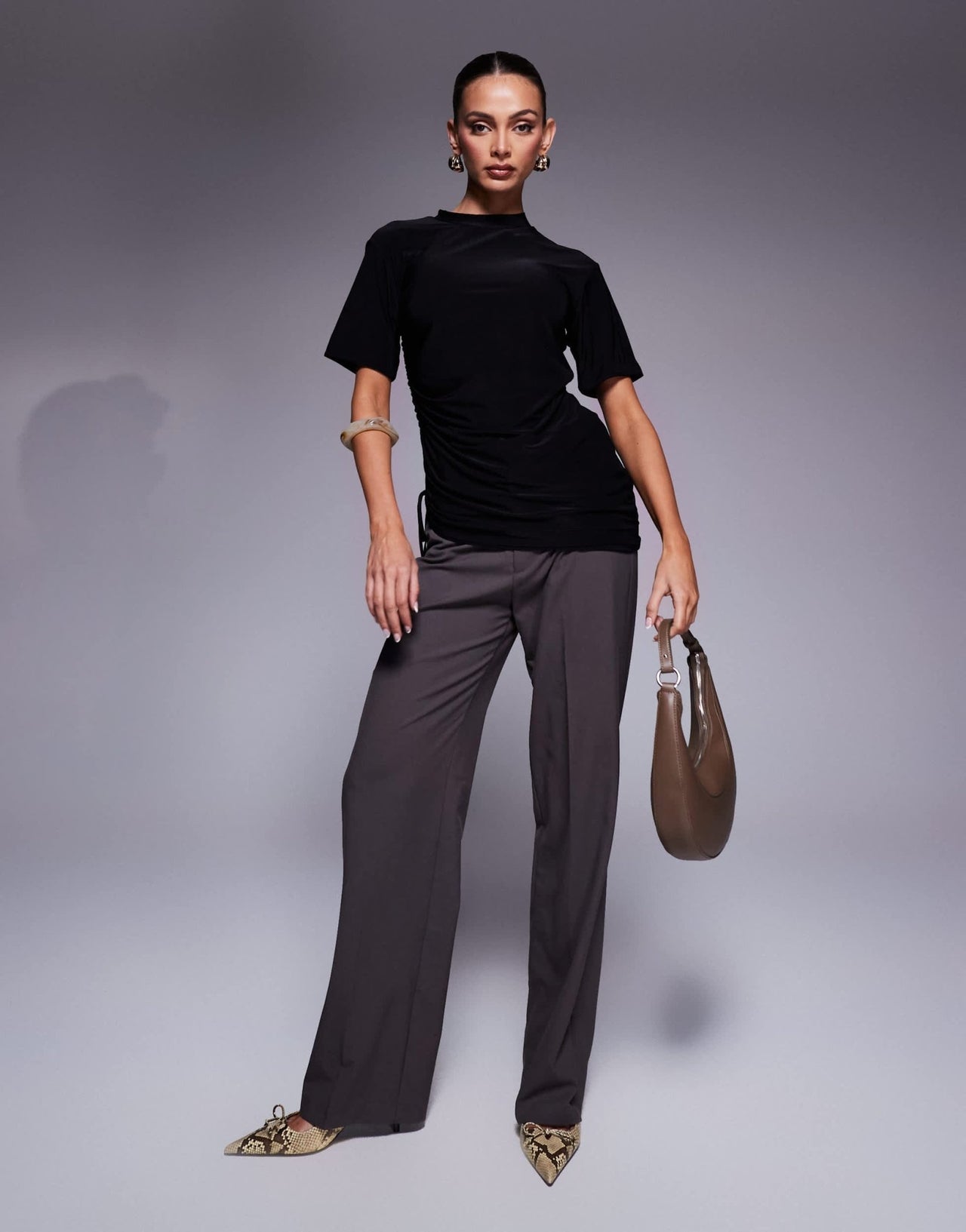 Fashionkilla double sculpted slinky asymmetric ruched side t-shirt in black - ASOS Sample Sale EU Store