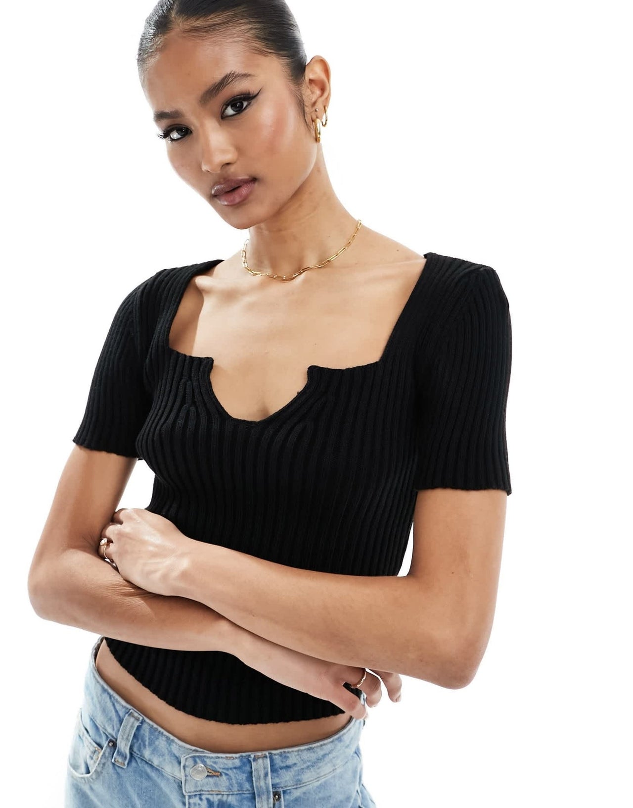 Fashionkilla knitted v neck top in black - ASOS Sample Sale EU Store