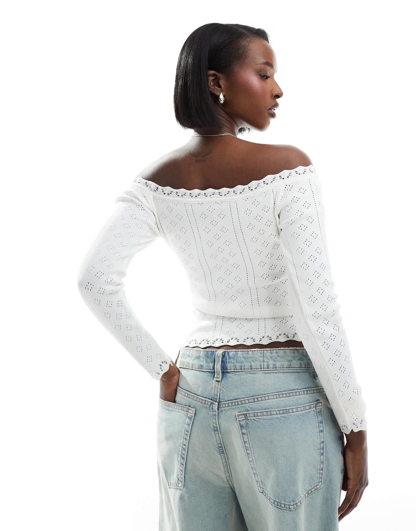 Fashionkilla pointelle lace trim bardot top in white - ASOS Sample Sale EU Store