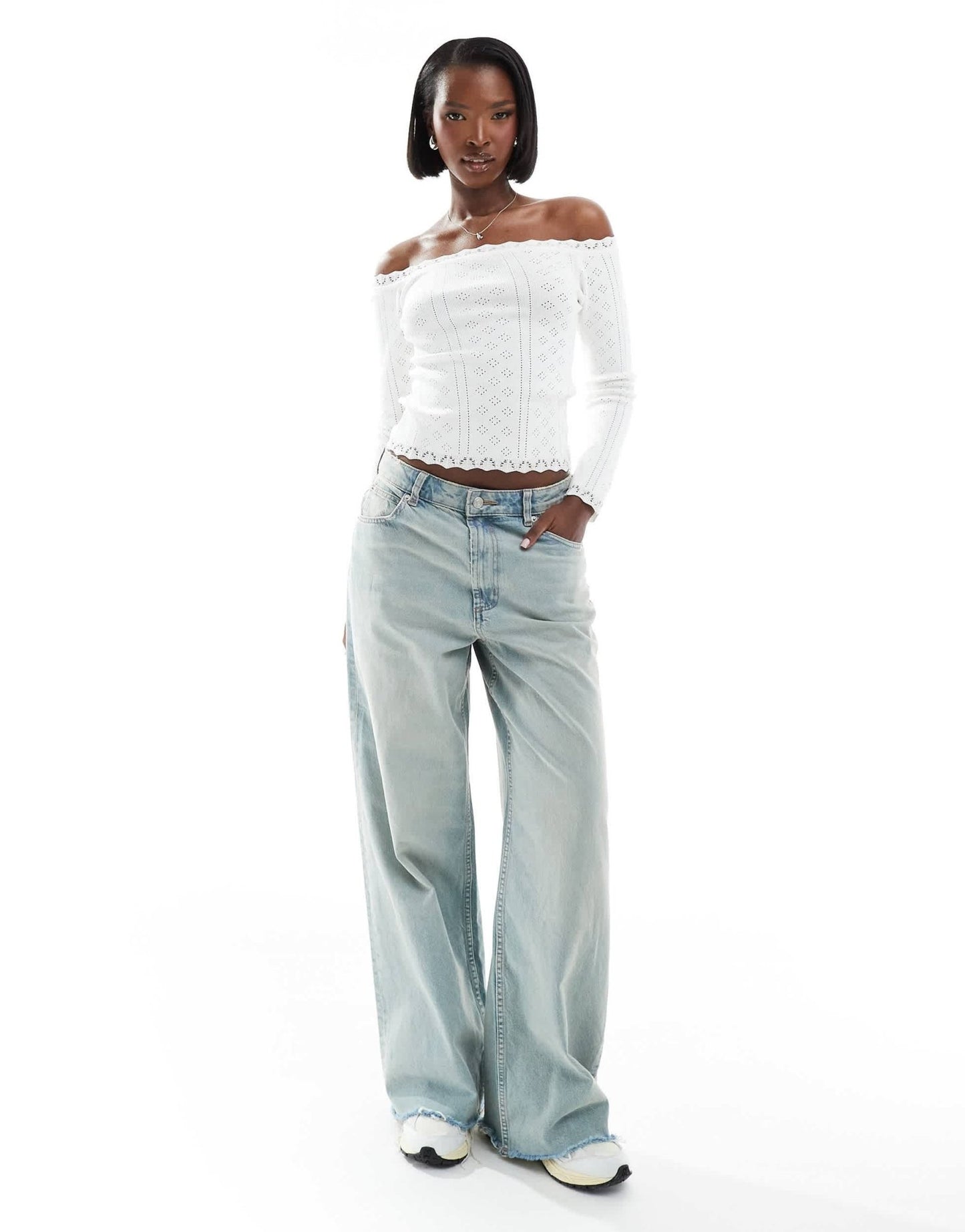 Fashionkilla pointelle lace trim bardot top in white - ASOS Sample Sale EU Store