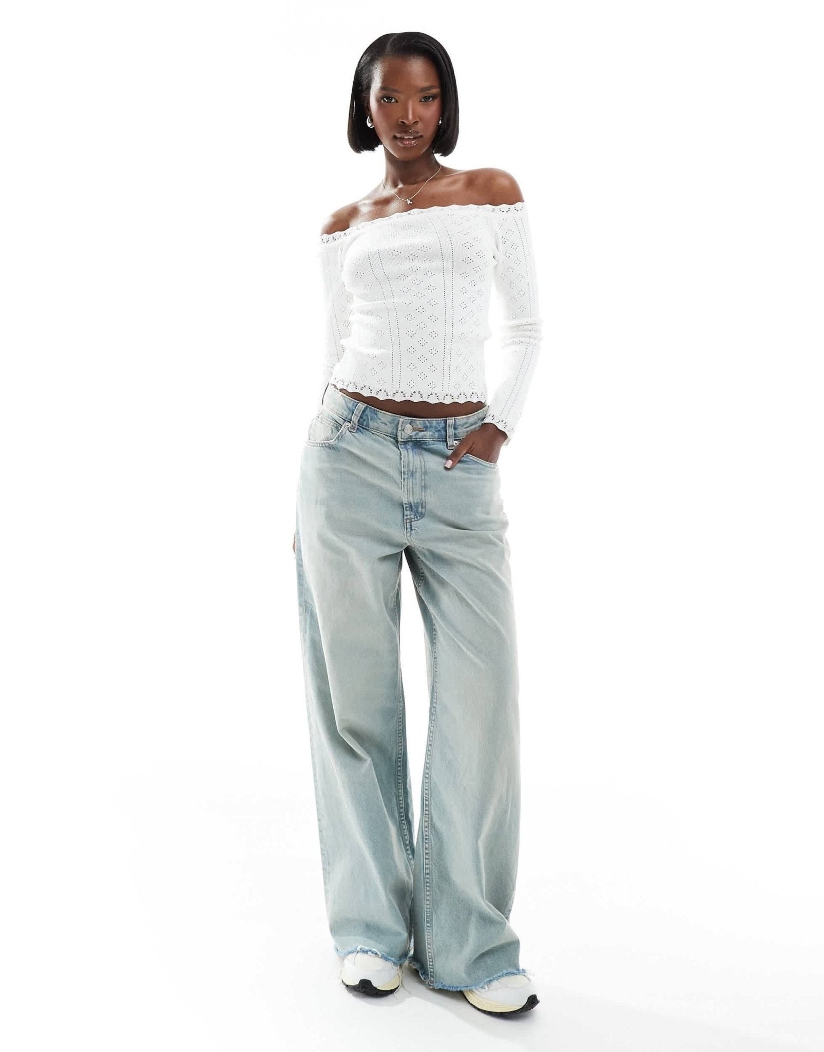 Fashionkilla pointelle lace trim bardot top in white - ASOS Sample Sale EU Store