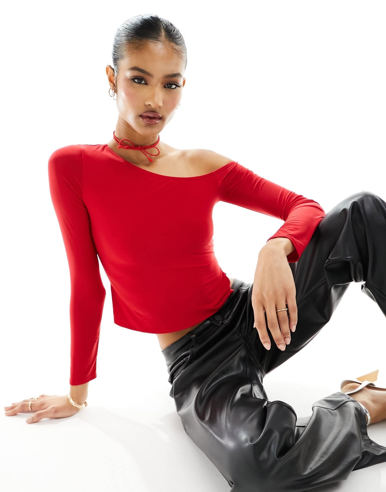 Fashionkilla slinky off shoulder top with neck tie in red - ASOS Sample Sale EU Store