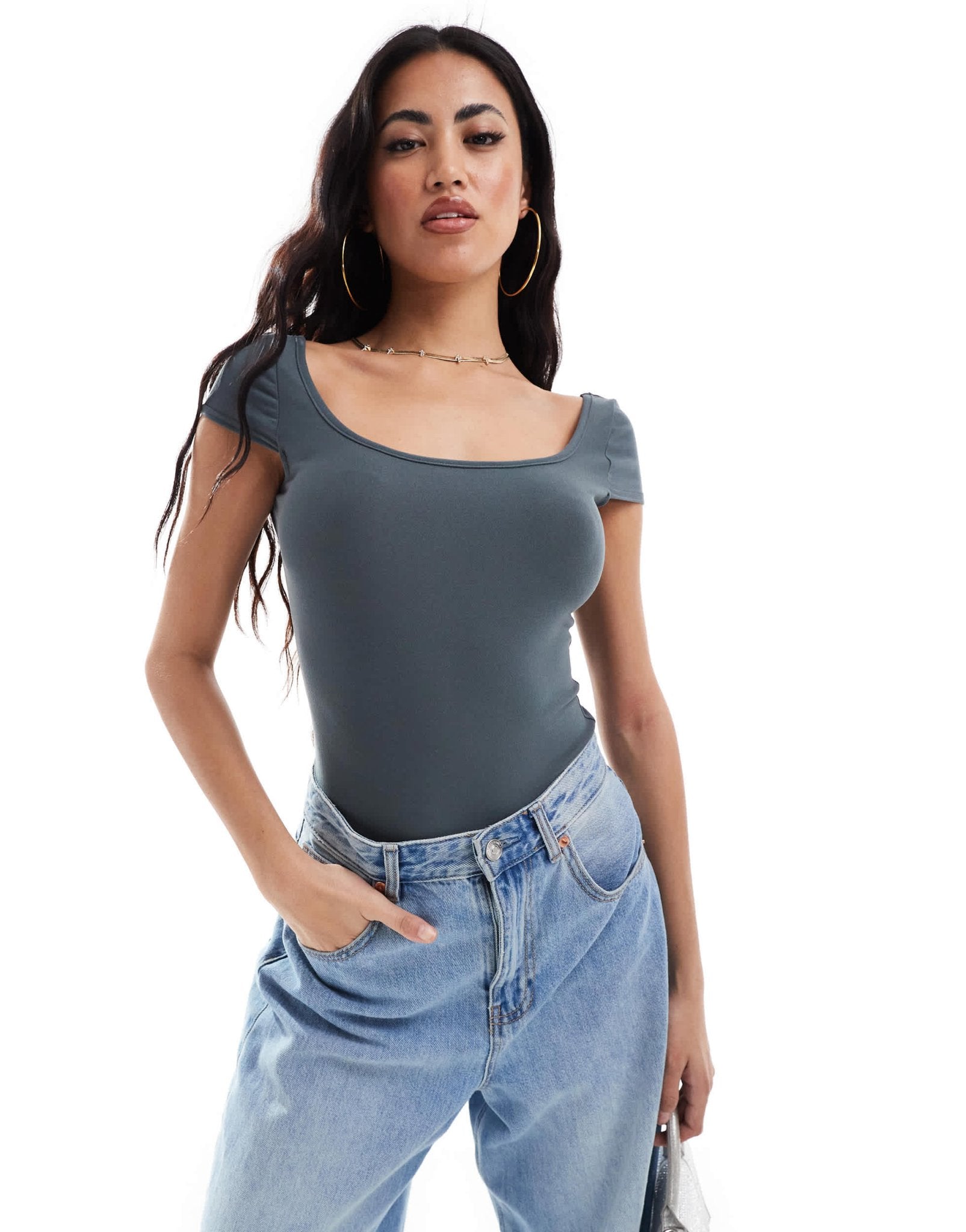 Fashionkilla super - soft cap sleeve square neck bodysuit in charcoal - ASOS Sample Sale EU Store