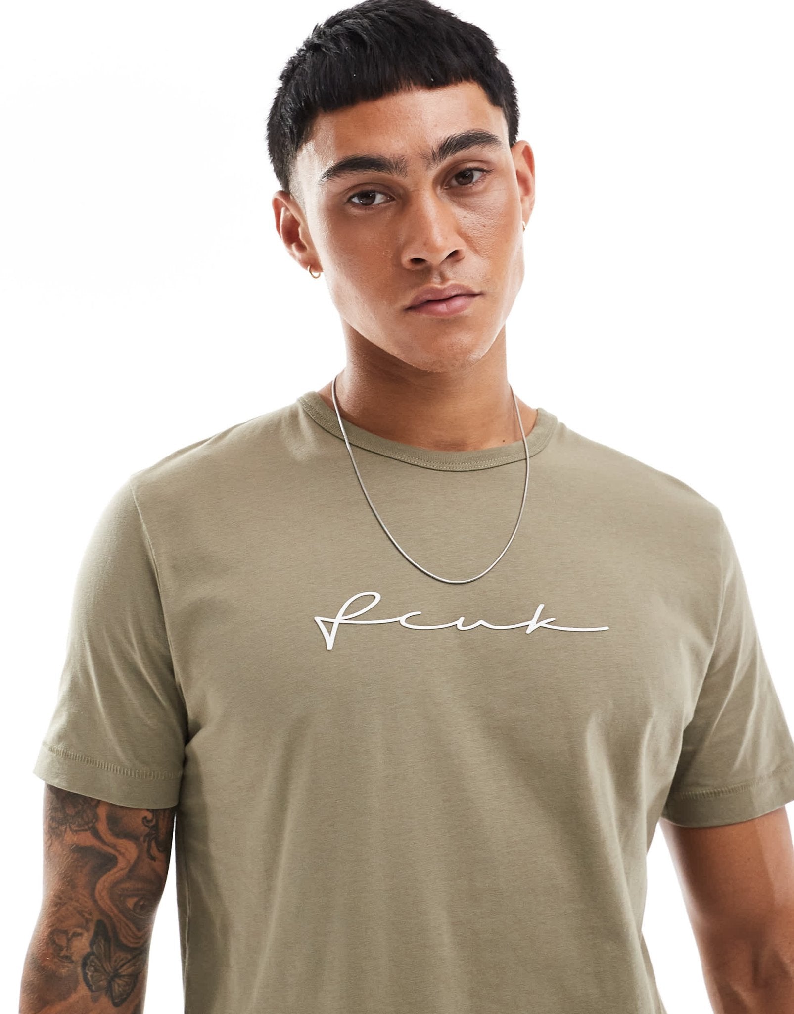 FCUK centre scribble logo t-shirt in light khaki - ASOS Sample Sale EU Store