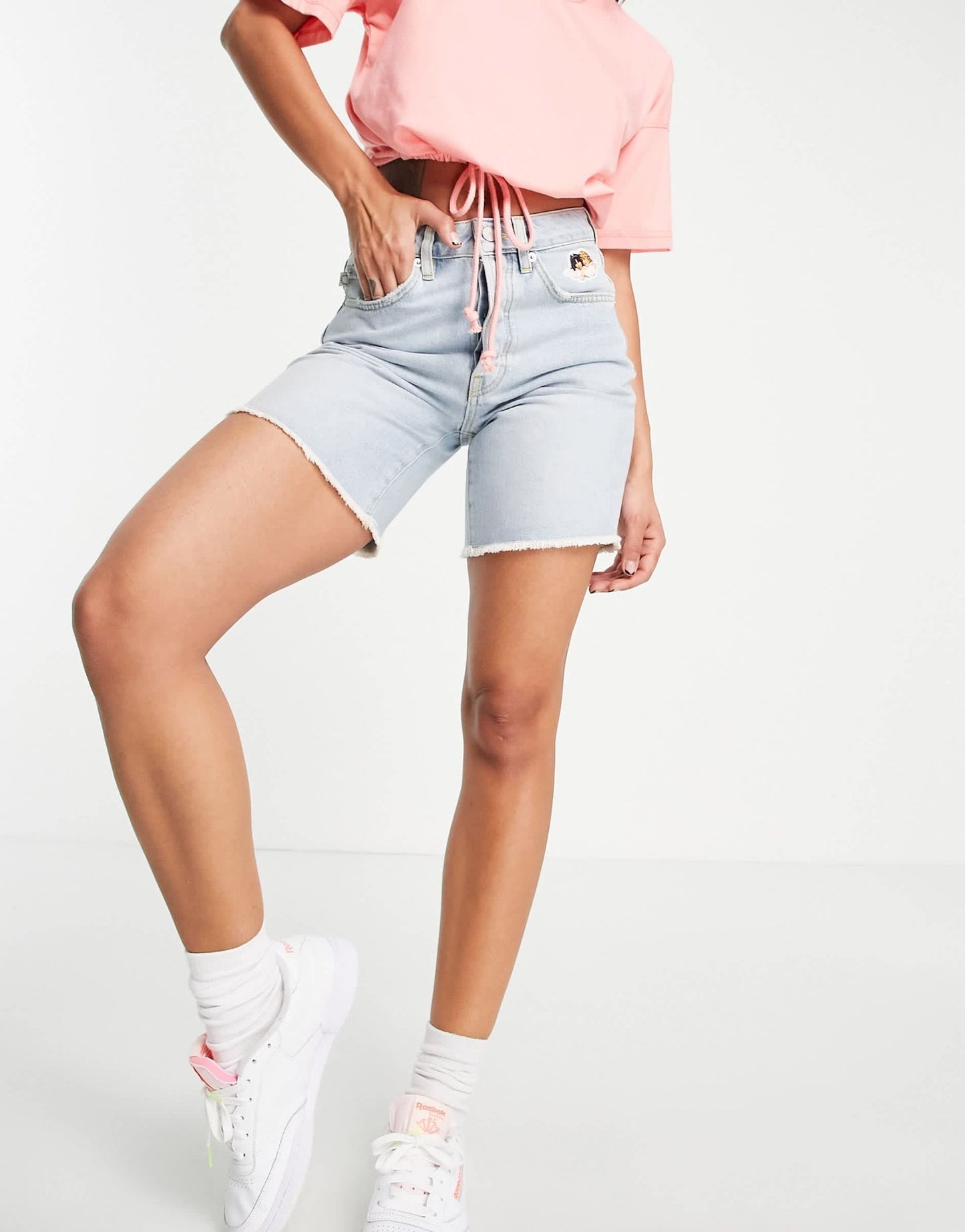 Fiorucci high waisted denim shorts in vintage wash with angel logo - ASOS Sample Sale EU Store