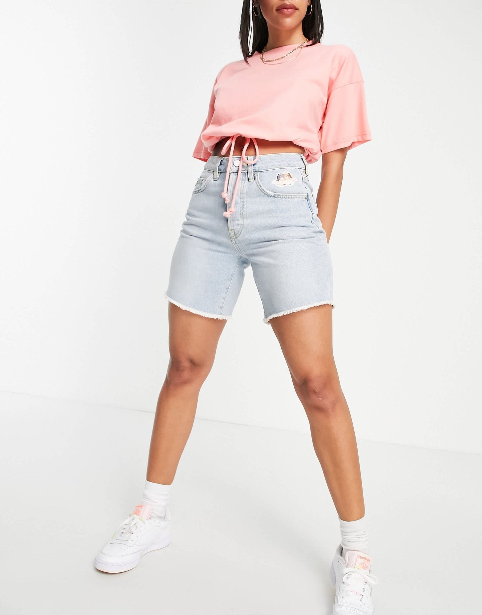 Fiorucci high waisted denim shorts in vintage wash with angel logo - ASOS Sample Sale EU Store