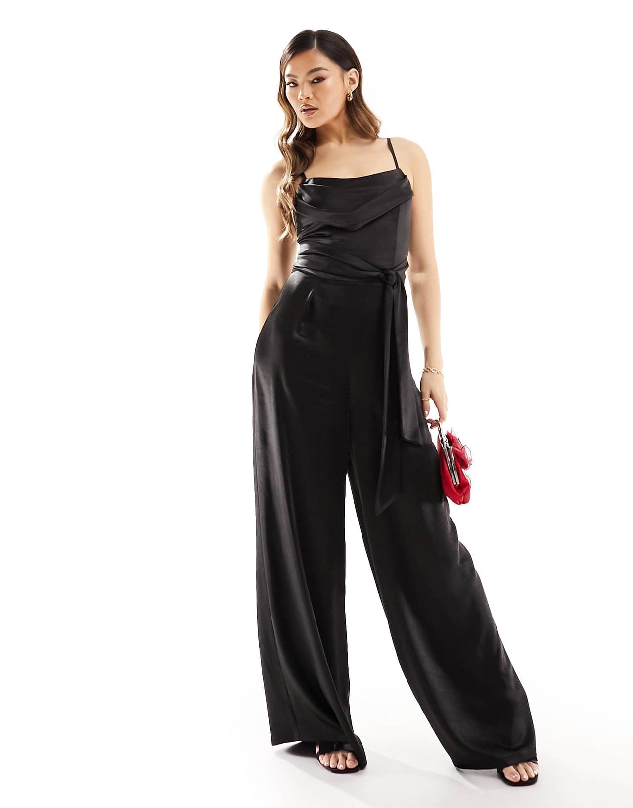 Flounce London cowl neck tie side satin jumpsuit in black - ASOS Sample Sale EU Store