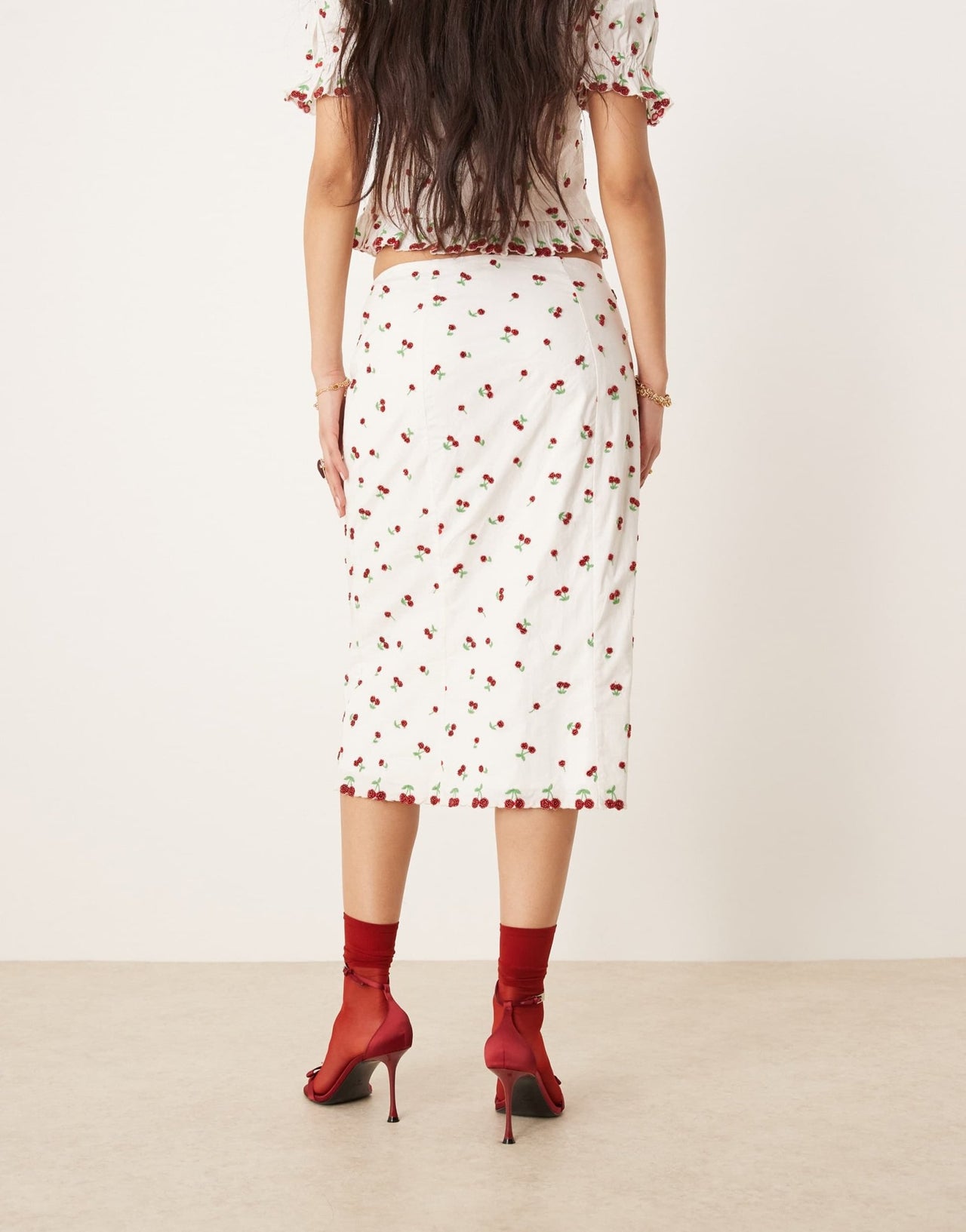 For Love & Lemons Beaded Cherries midi skirt in white and red co - ord - ASOS Sample Sale EU Store
