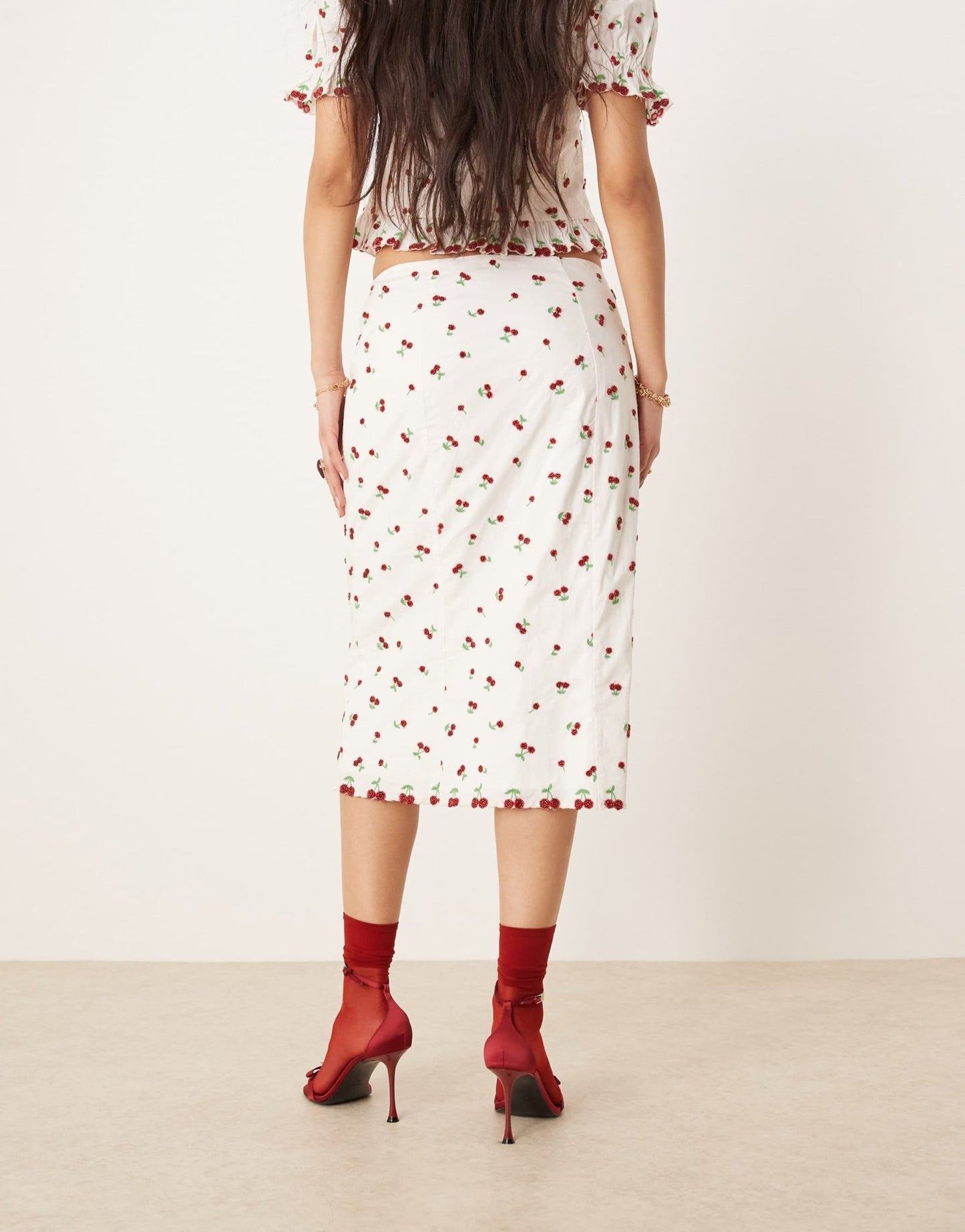 For Love & Lemons Beaded Cherries midi skirt in white and red co - ord - ASOS Sample Sale EU Store