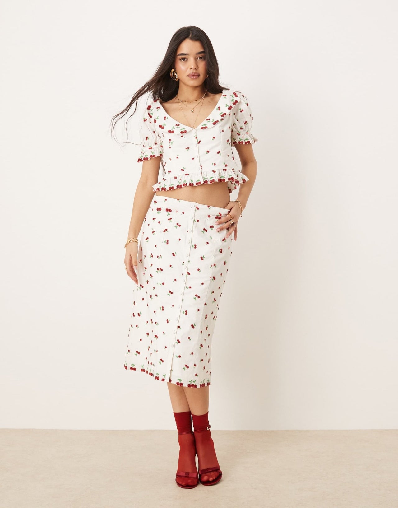 For Love & Lemons Beaded Cherries midi skirt in white and red co - ord - ASOS Sample Sale EU Store