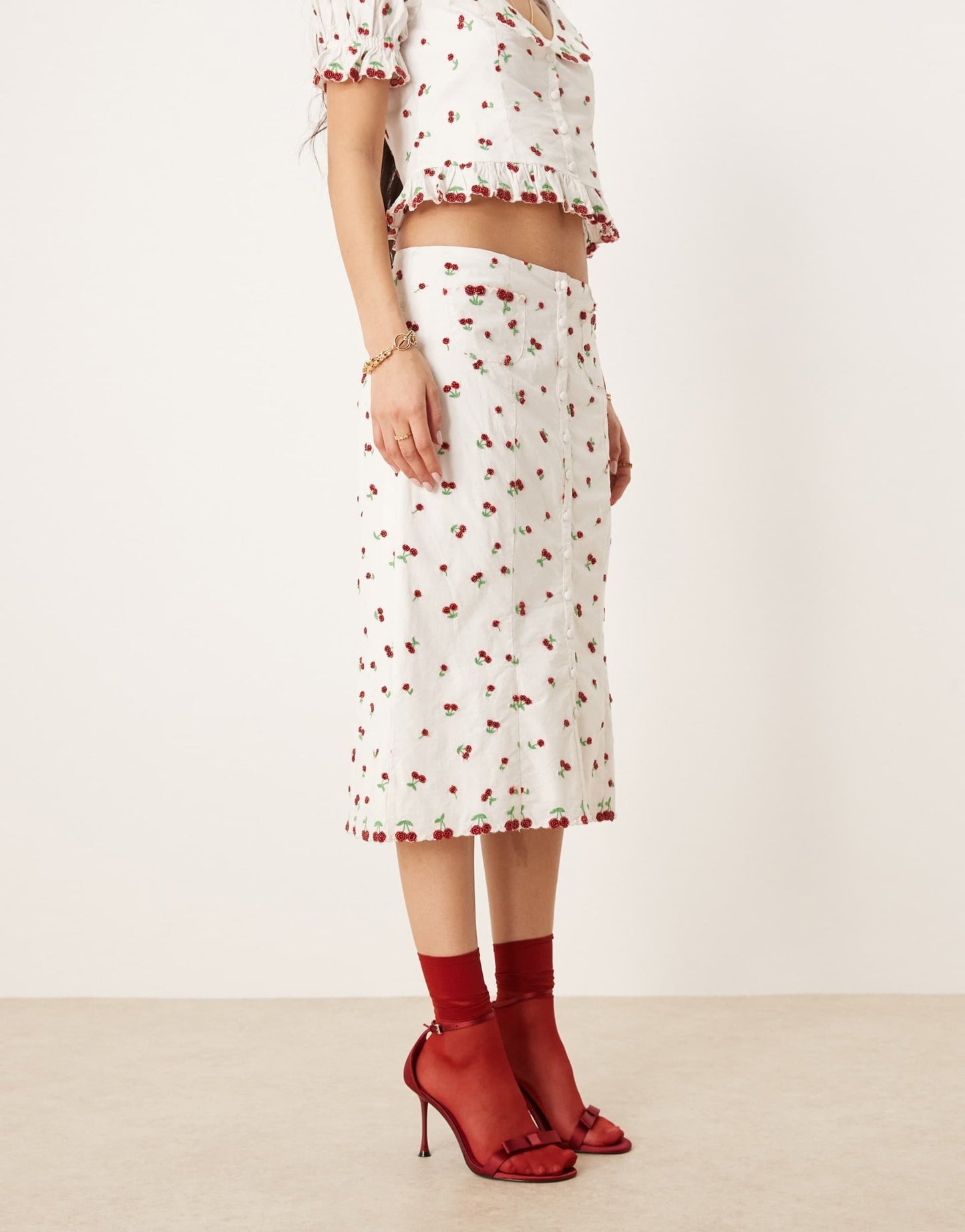 For Love & Lemons Beaded Cherries midi skirt in white and red co - ord - ASOS Sample Sale EU Store
