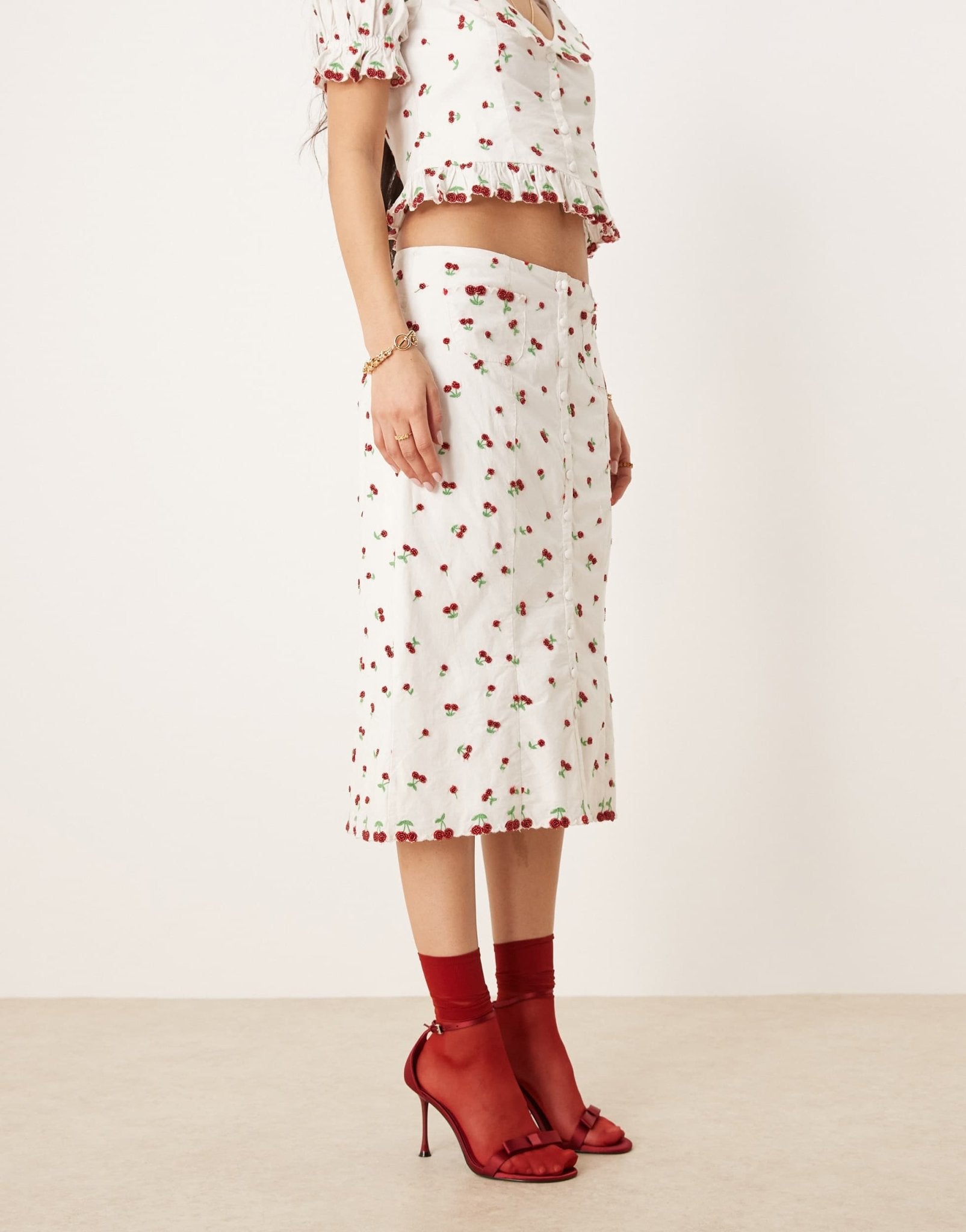 For Love & Lemons Beaded Cherries midi skirt in white and red co - ord - ASOS Sample Sale EU Store
