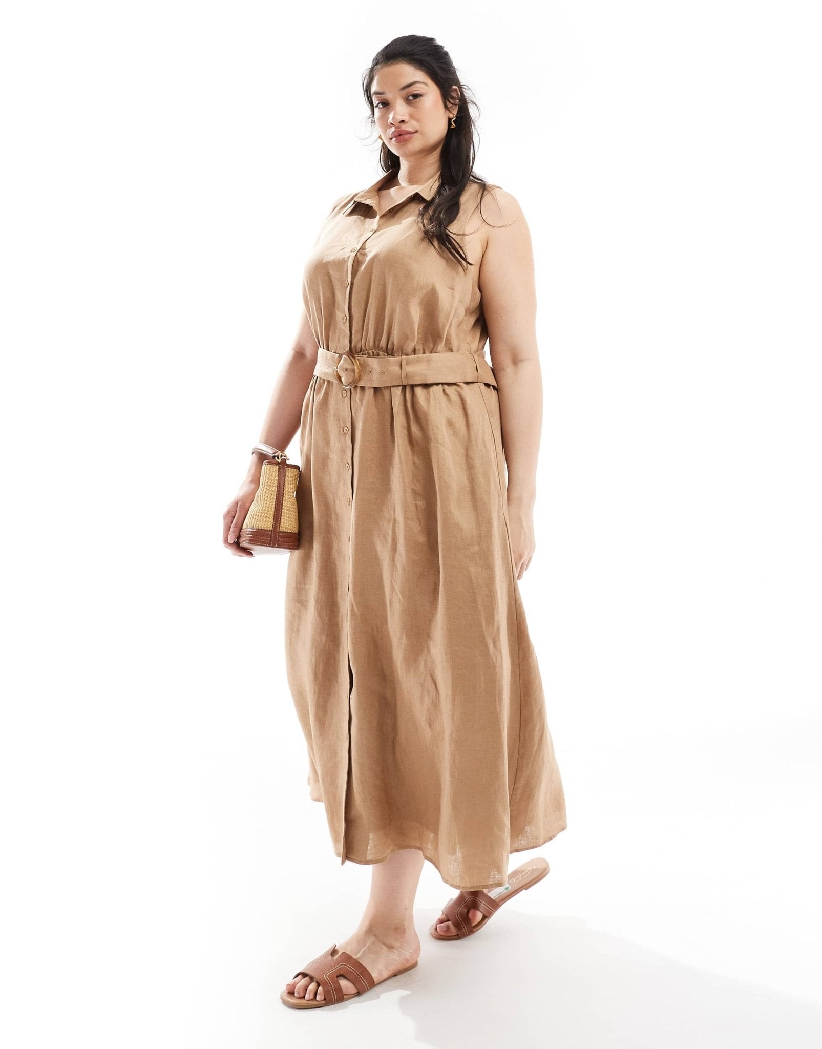 Forever New Curve sleeveless belted linen shirt dress in brown - ASOS Sample Sale EU Store