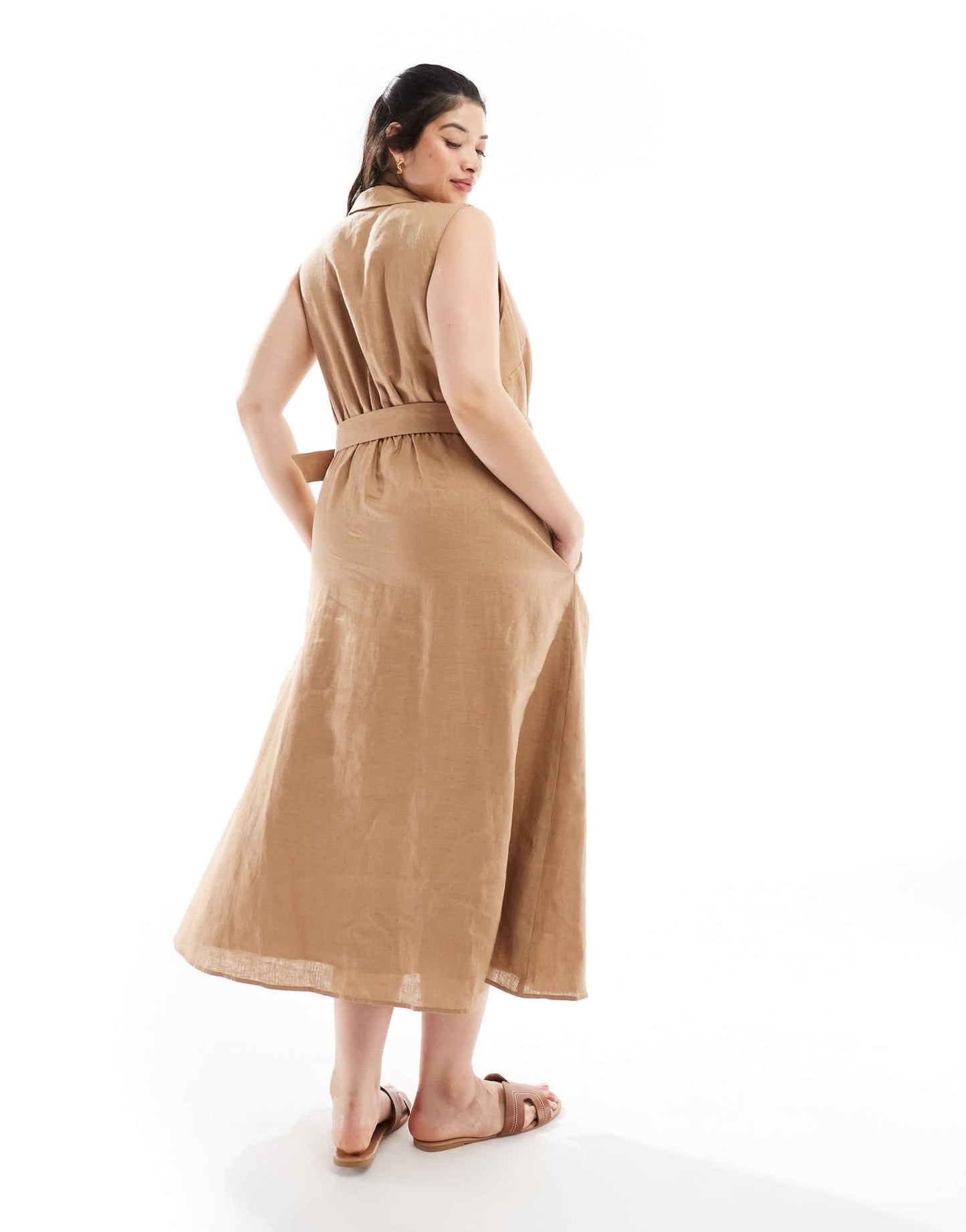 Forever New Curve sleeveless belted linen shirt dress in brown - ASOS Sample Sale EU Store