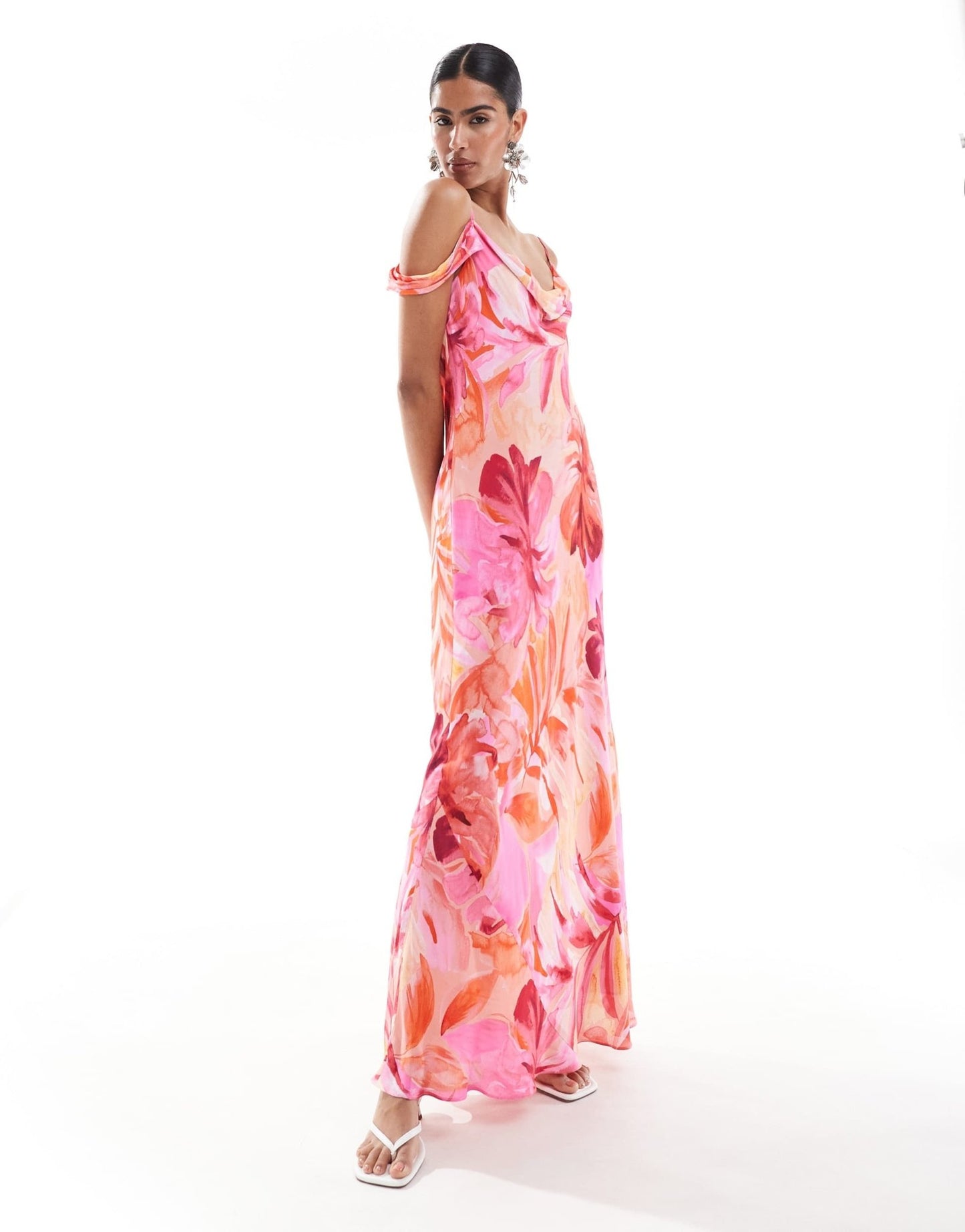 Forever New drape off shoulder satin maxi dress in pink floral - ASOS Sample Sale EU Store