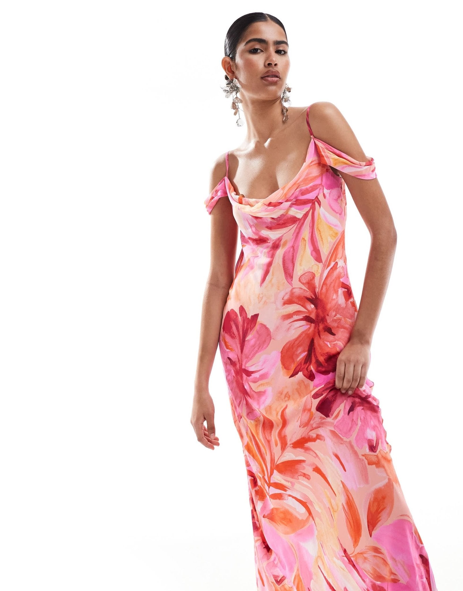 Forever New drape off shoulder satin maxi dress in pink floral - ASOS Sample Sale EU Store