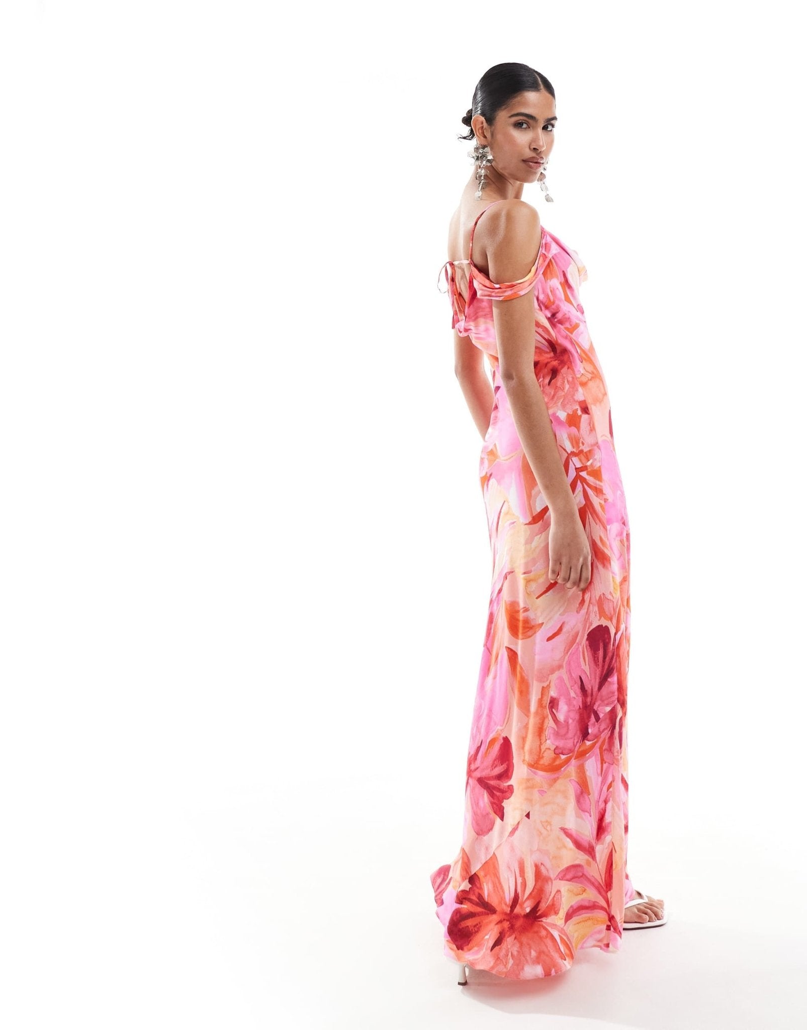 Forever New drape off shoulder satin maxi dress in pink floral - ASOS Sample Sale EU Store