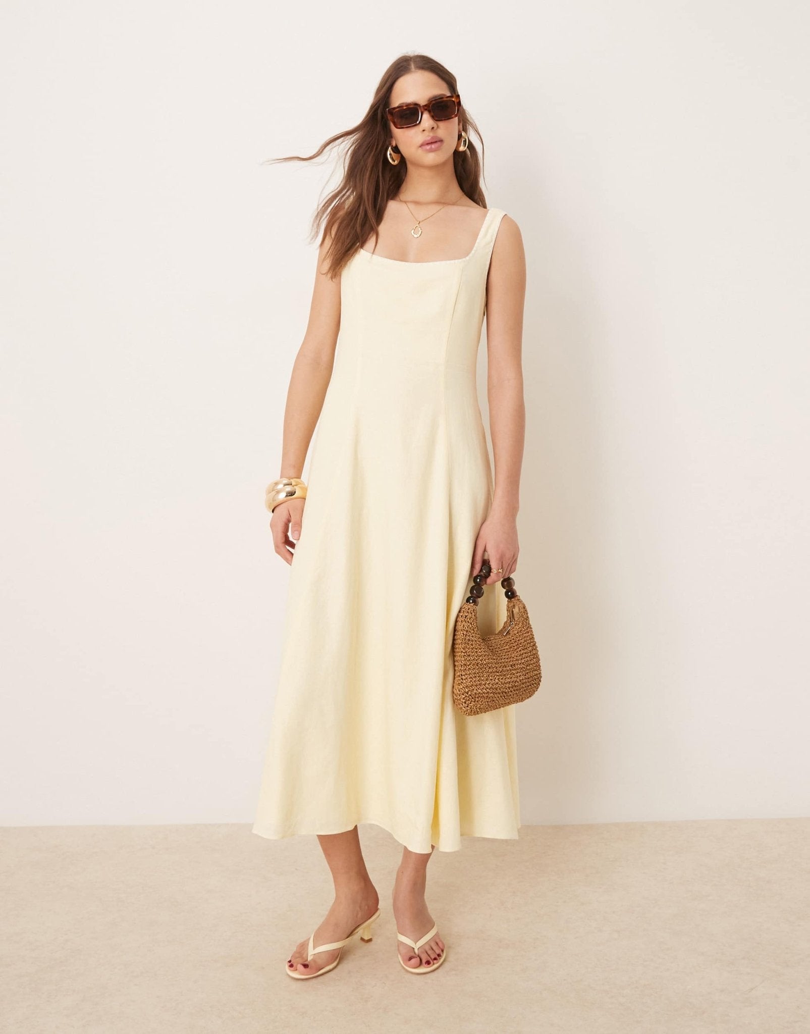 Forever New linen contrast stitch midaxi dress in lemon - ASOS Sample Sale EU Store