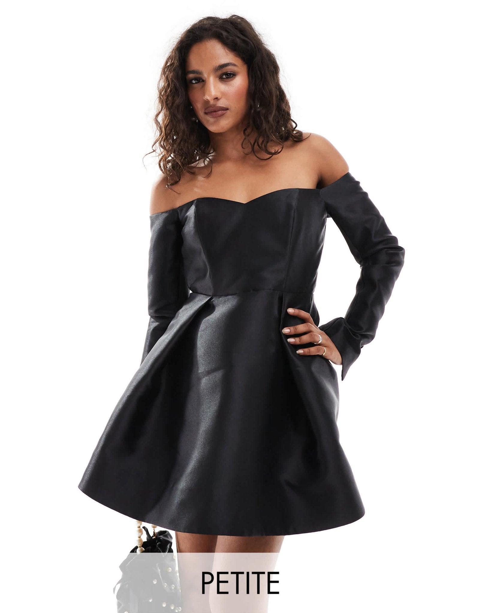Forever New Petite satin long sleeve mini dress in black - ASOS Sample Sale EU Store