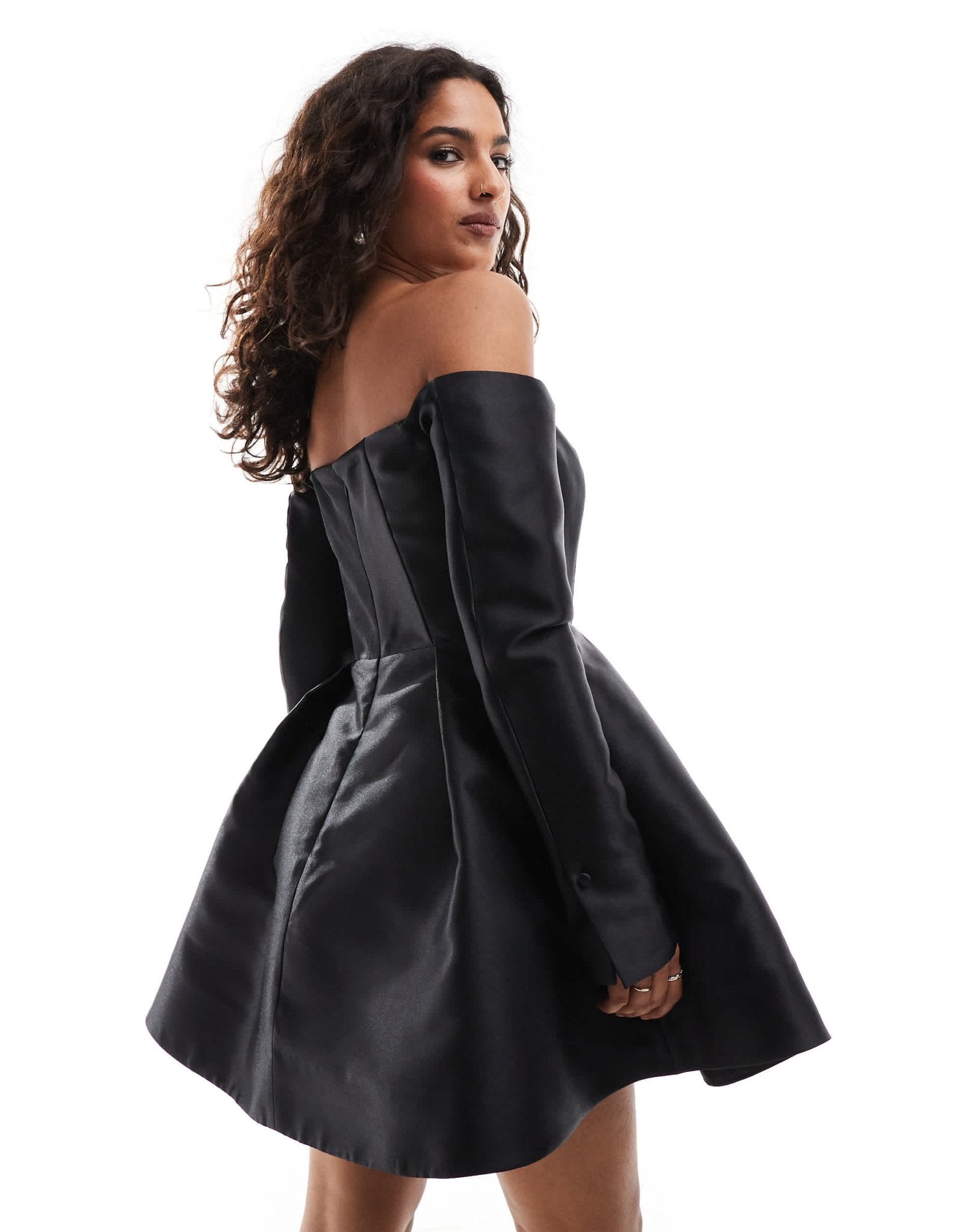 Forever New Petite satin long sleeve mini dress in black - ASOS Sample Sale EU Store