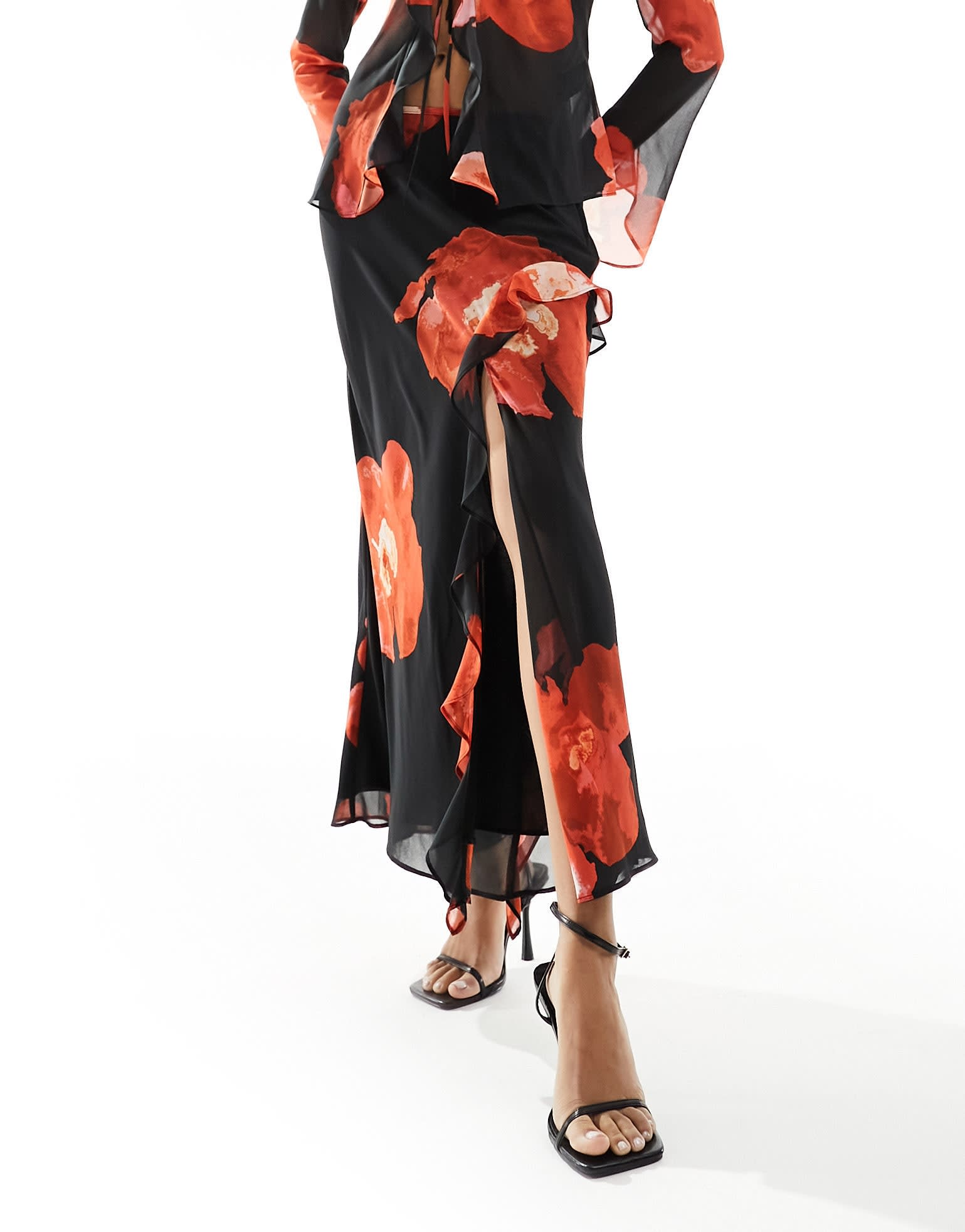 Forever New sheer ruffle co - ord maxi skirt in red floral - ASOS Sample Sale EU Store