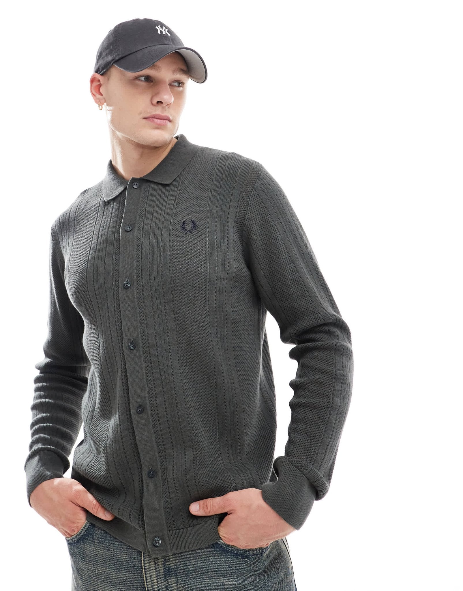 Fred Perry pointelle panel long sleeve knitted shirt in dark green - ASOS Sample Sale EU Store