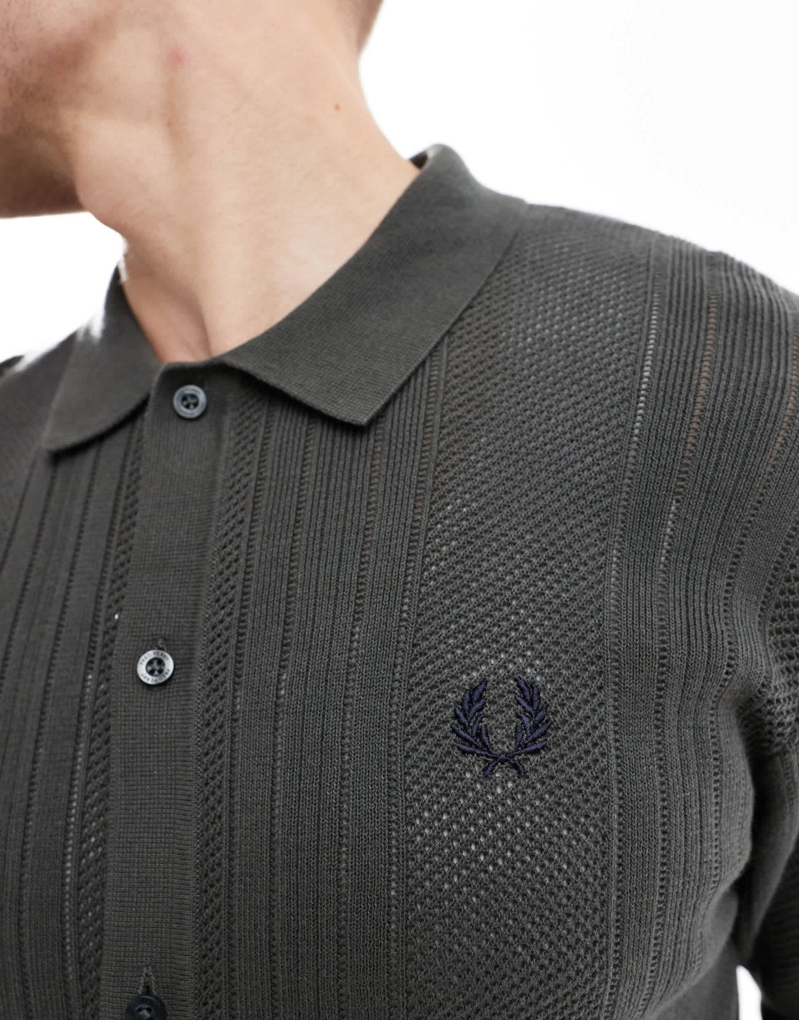 Fred Perry pointelle panel long sleeve knitted shirt in dark green - ASOS Sample Sale EU Store