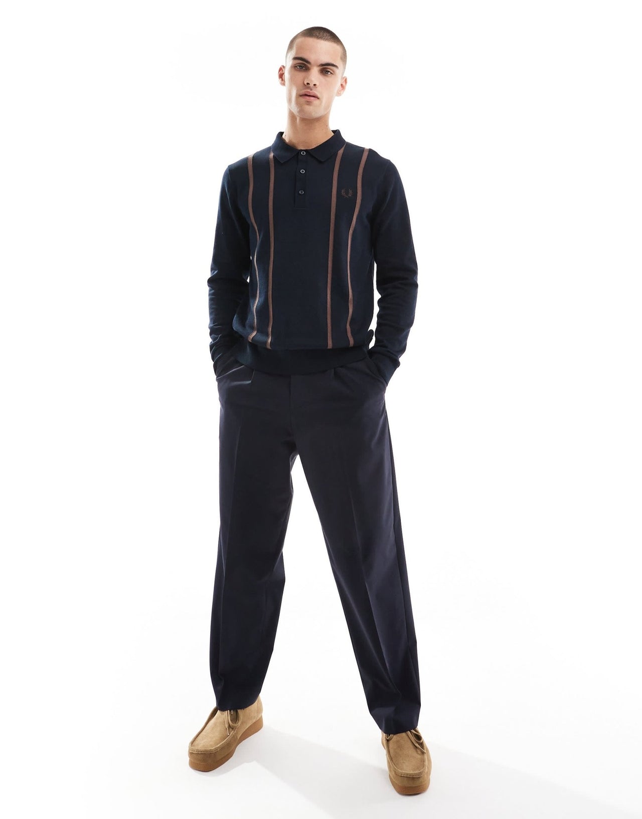Fred Perry vertical stripe knitted long sleeve polo in navy - ASOS Sample Sale EU Store