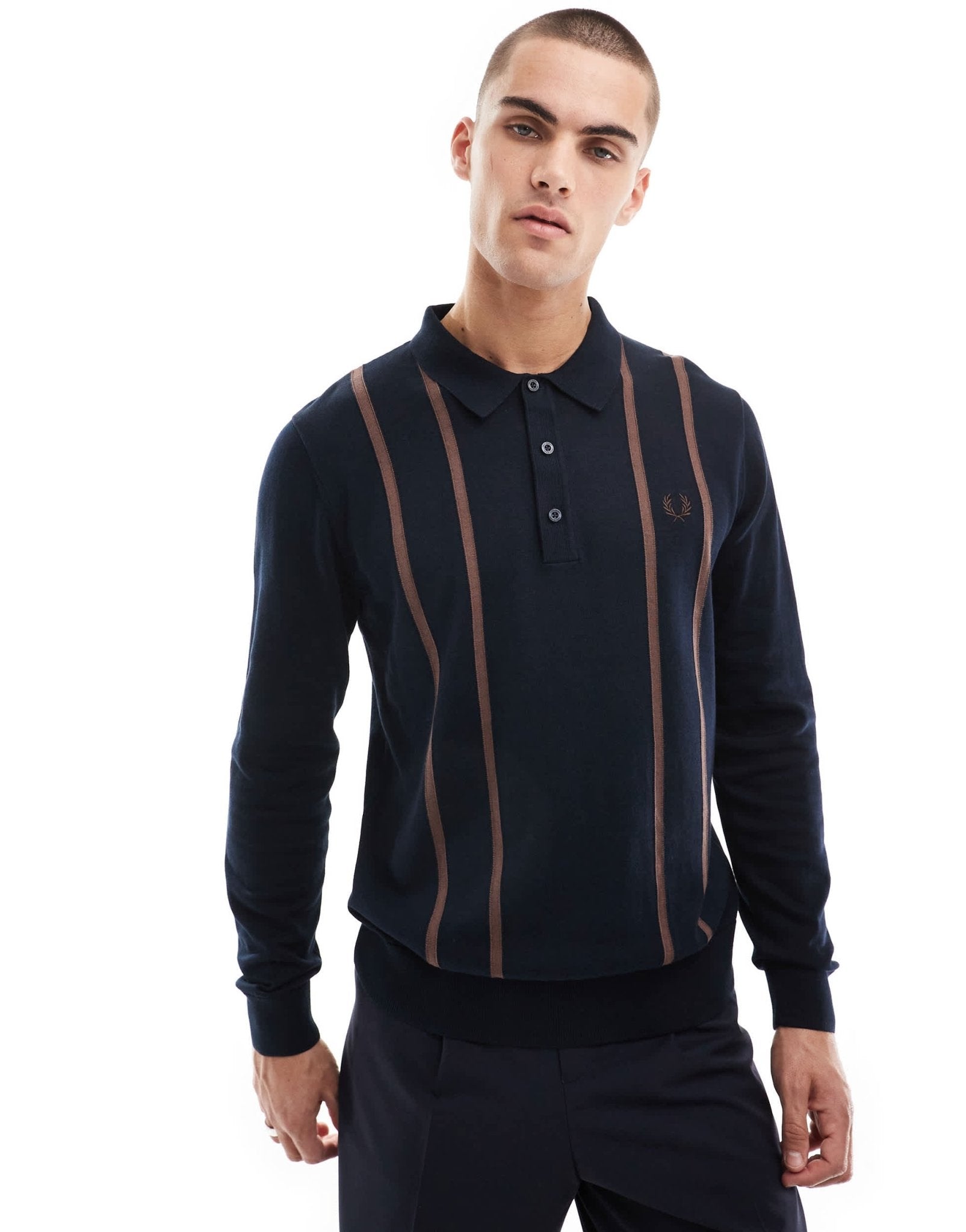 Fred Perry vertical stripe knitted long sleeve polo in navy - ASOS Sample Sale EU Store