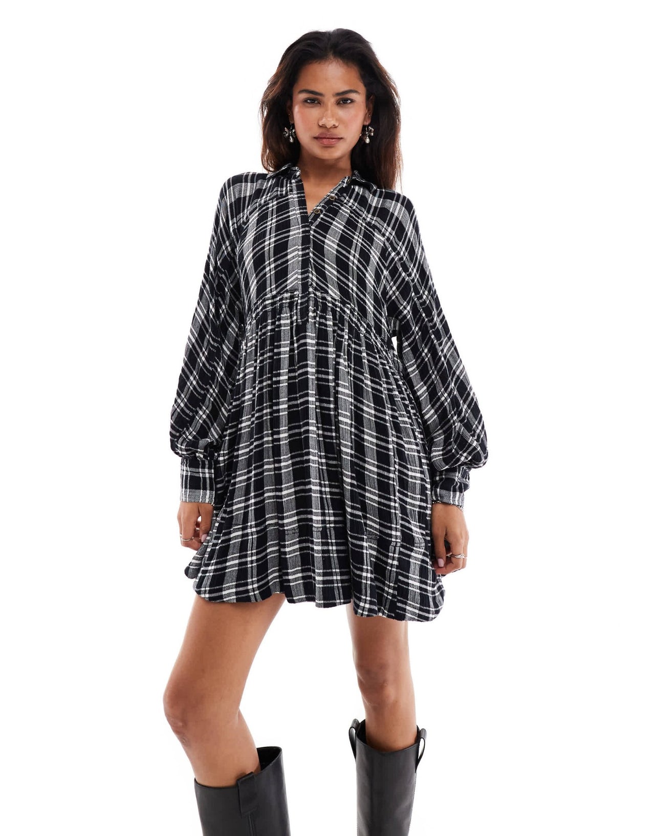 Free People check print mini slouchy shirt dress in black - ASOS Sample Sale EU Store