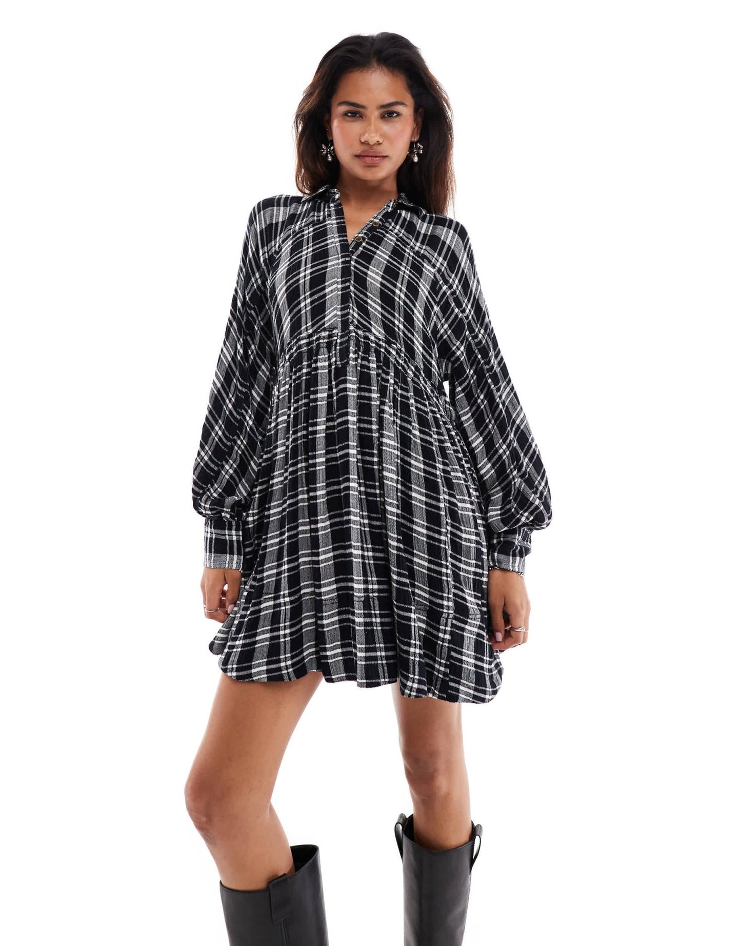 Free People check print mini slouchy shirt dress in black - ASOS Sample Sale EU Store
