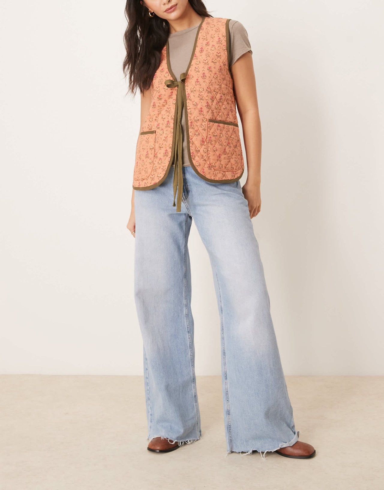 Free People claudine quilted floral gilet vest in orange and khaki - ASOS Sample Sale EU Store