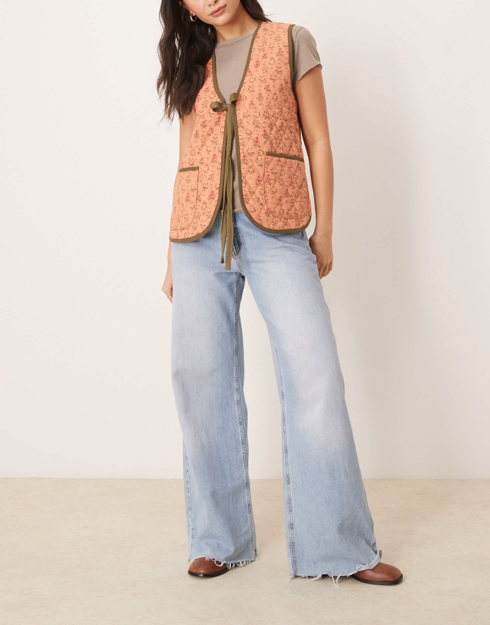 Free People claudine quilted floral gilet vest in orange and khaki - ASOS Sample Sale EU Store