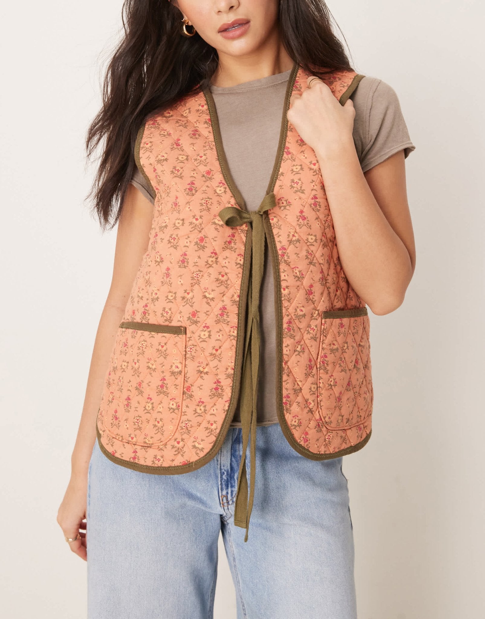 Free People claudine quilted floral gilet vest in orange and khaki - ASOS Sample Sale EU Store
