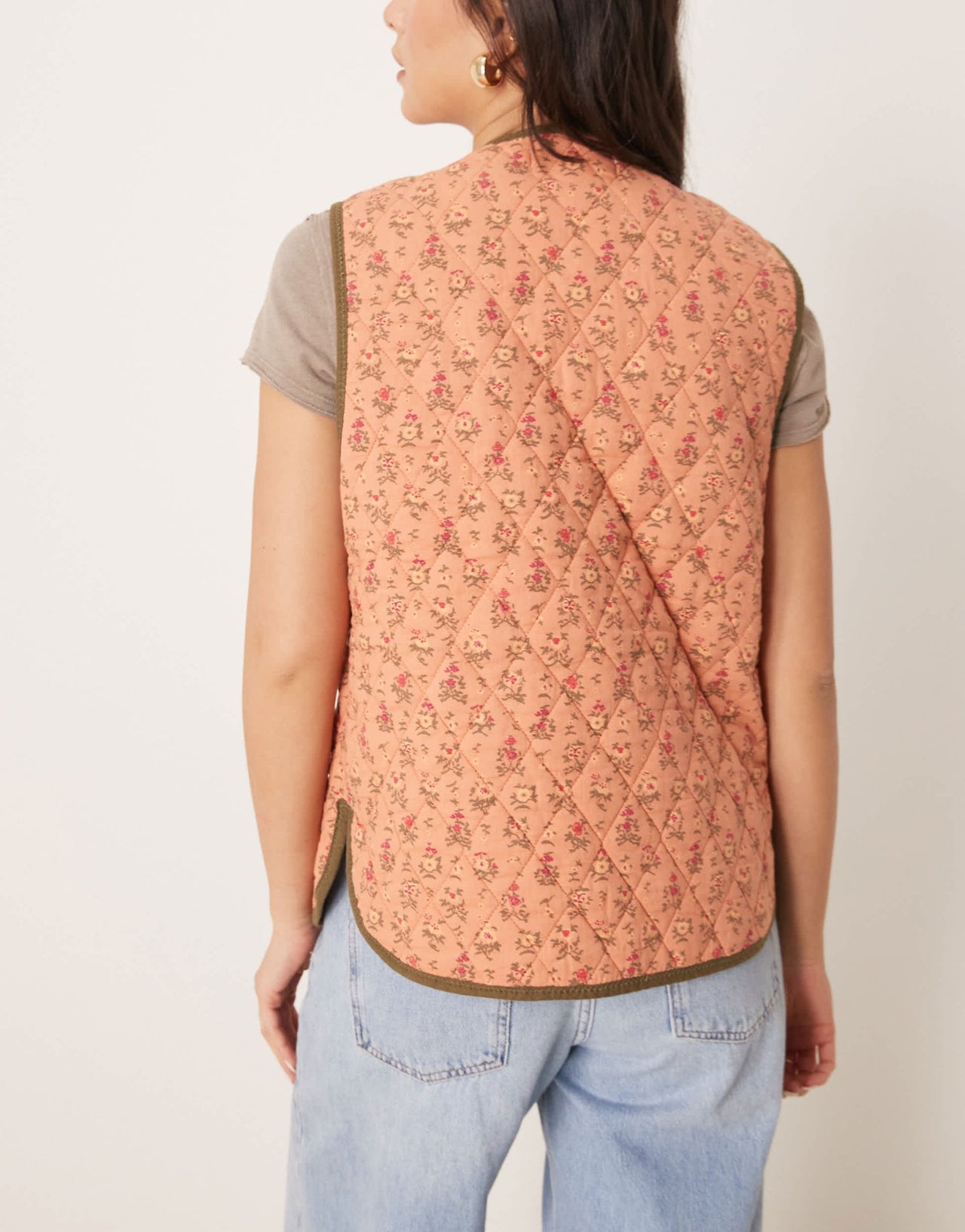 Free People claudine quilted floral gilet vest in orange and khaki - ASOS Sample Sale EU Store