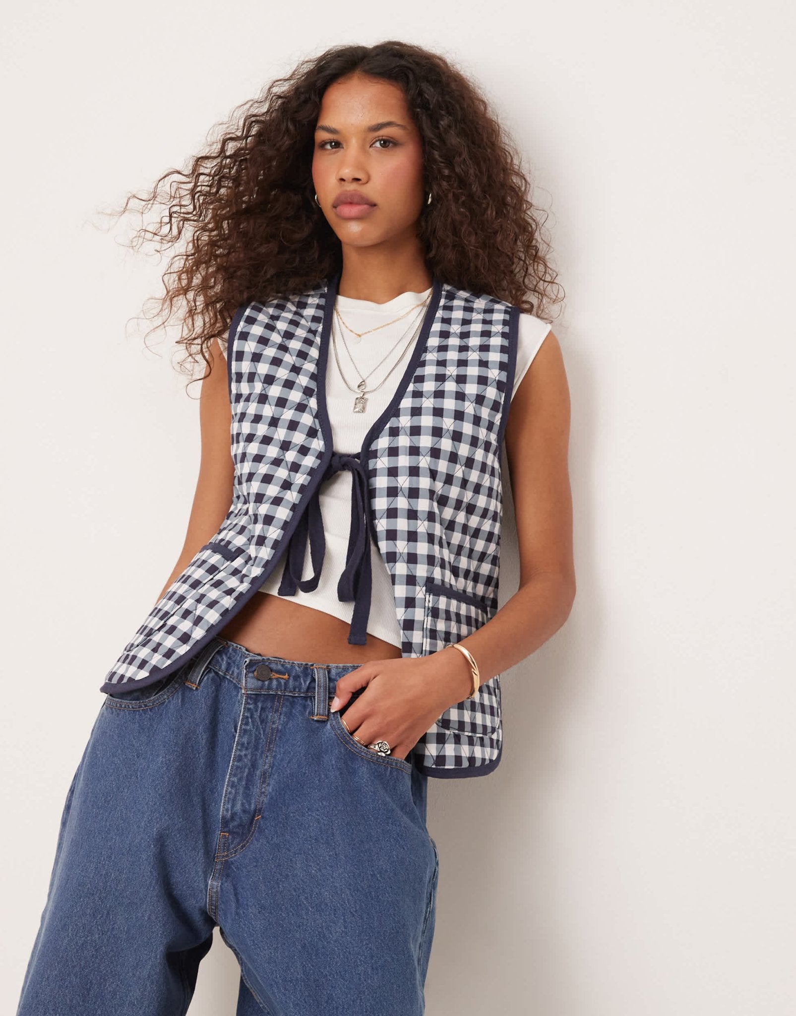 Free People claudine quilted gingham gilet vest in navy - ASOS Sample Sale EU Store