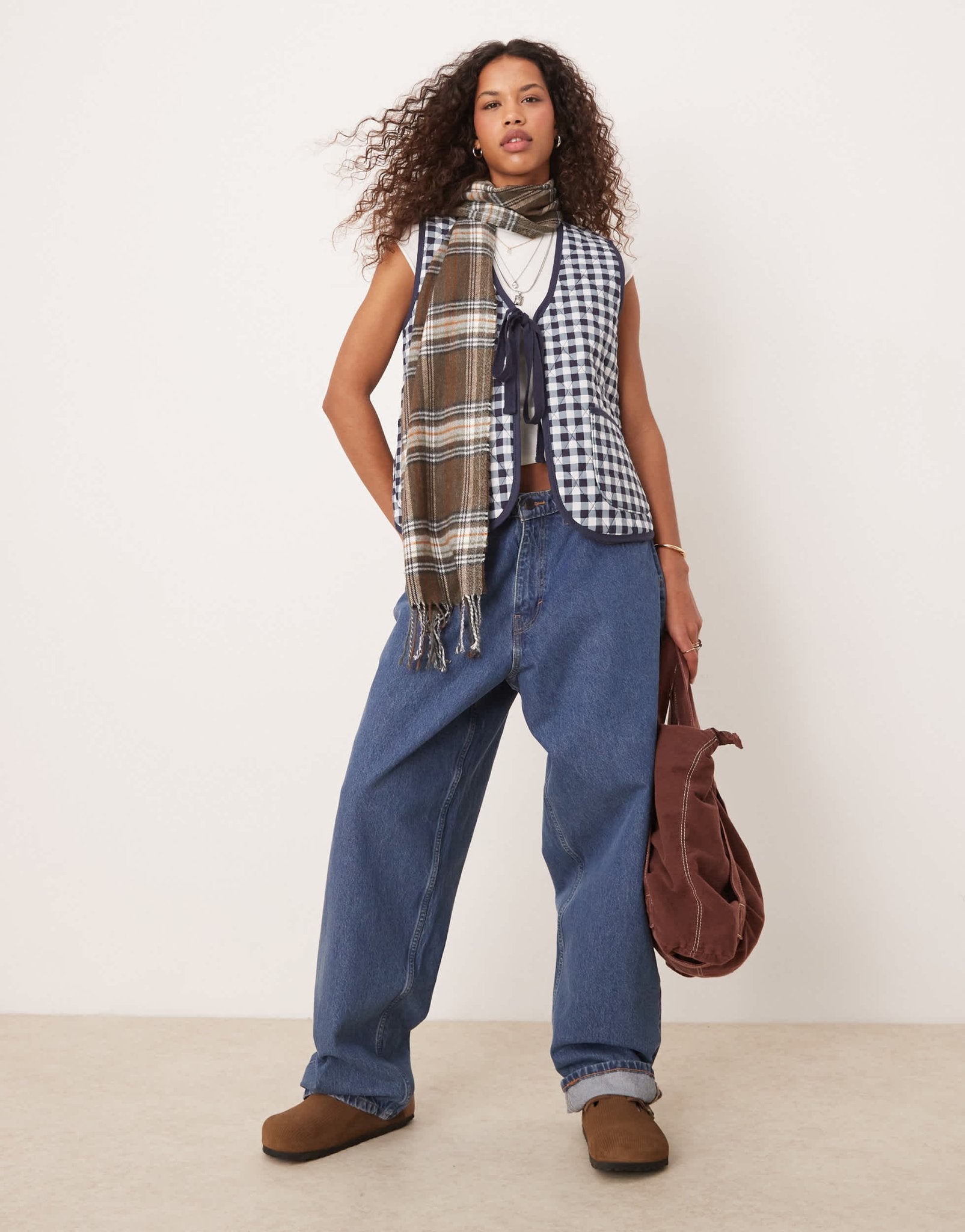 Free People claudine quilted gingham gilet vest in navy - ASOS Sample Sale EU Store