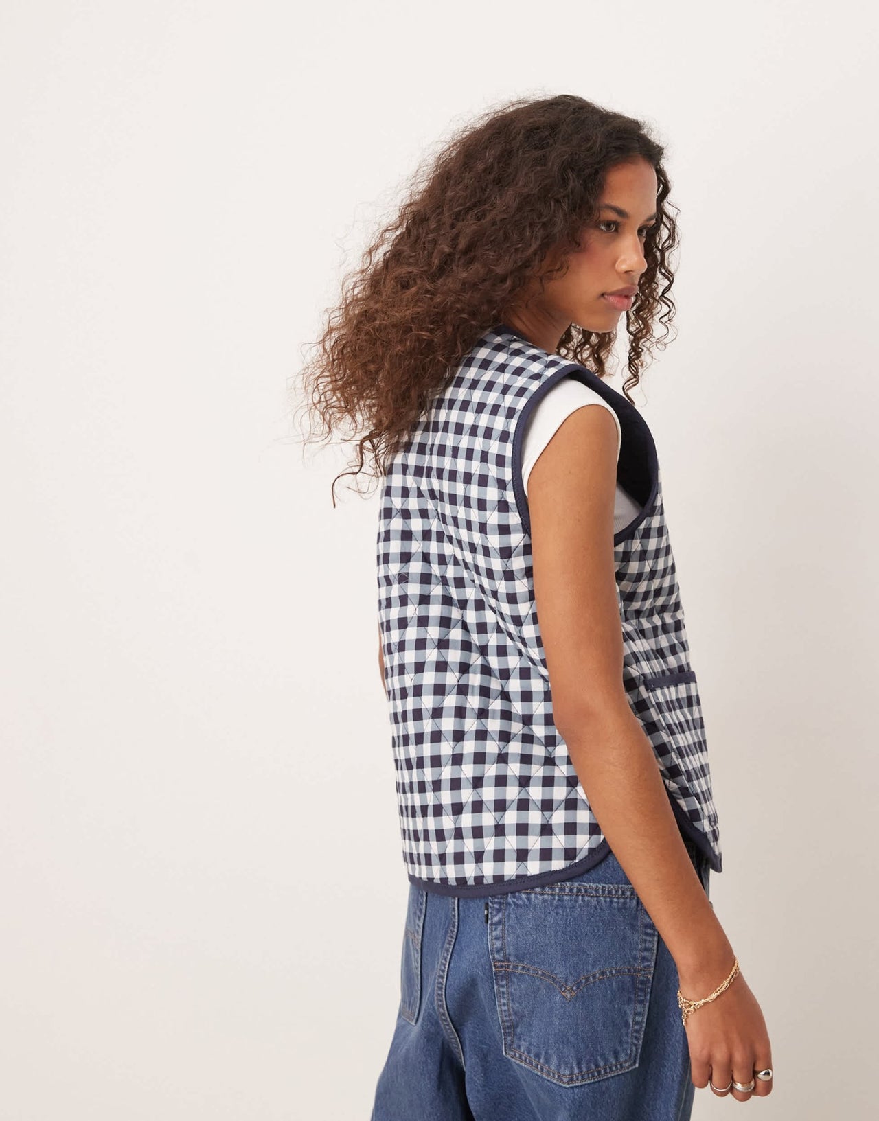 Free People claudine quilted gingham gilet vest in navy - ASOS Sample Sale EU Store