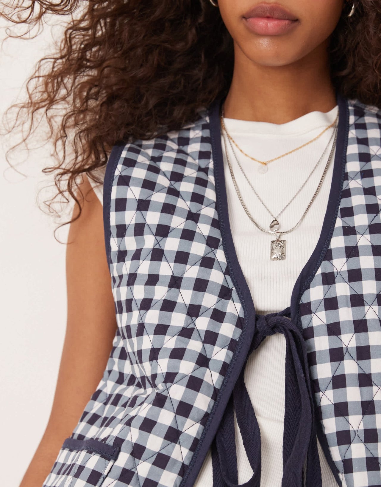 Free People claudine quilted gingham gilet vest in navy - ASOS Sample Sale EU Store