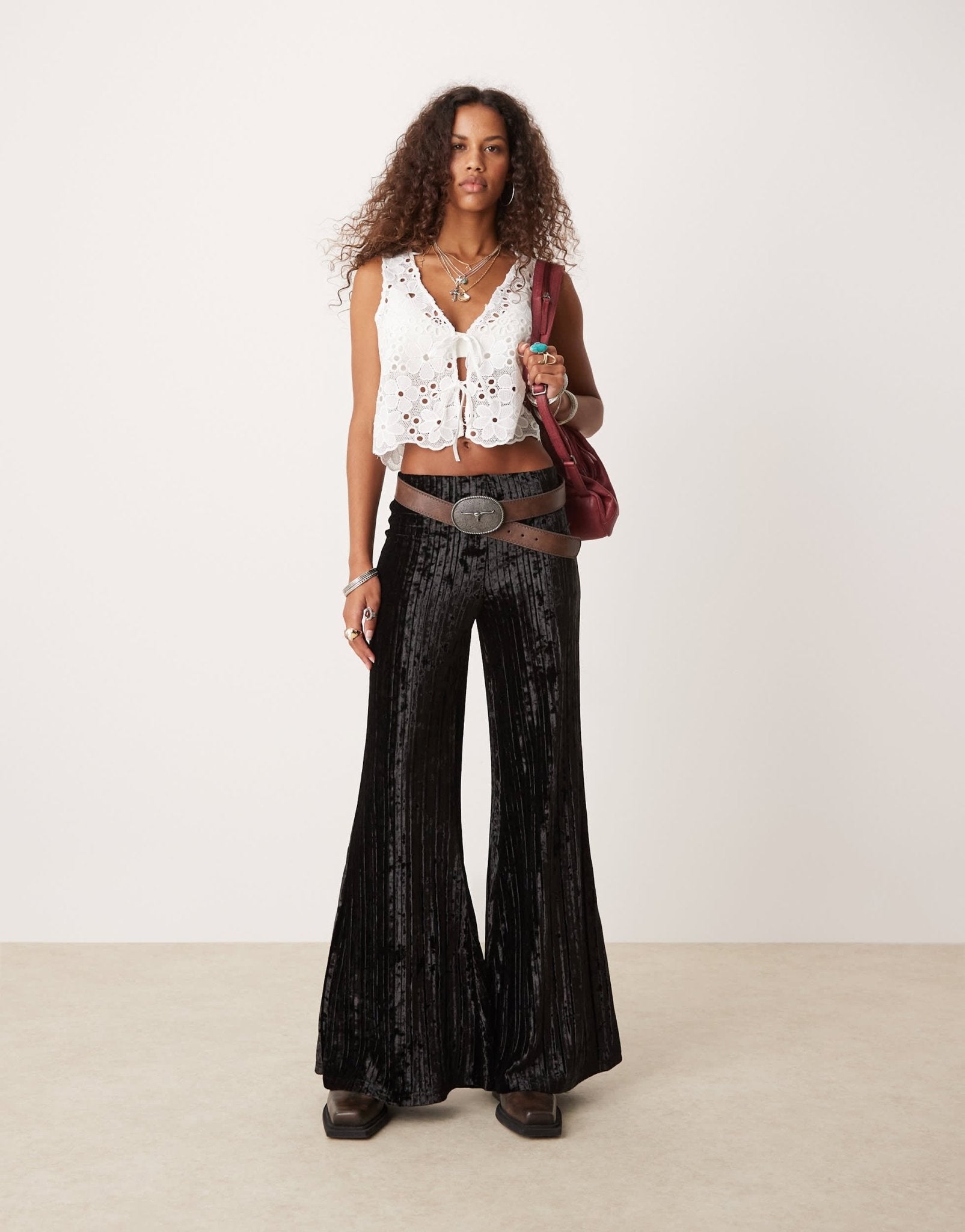 Free People crinkle velvet pleated wide leg trousers in black - ASOS Sample Sale EU Store