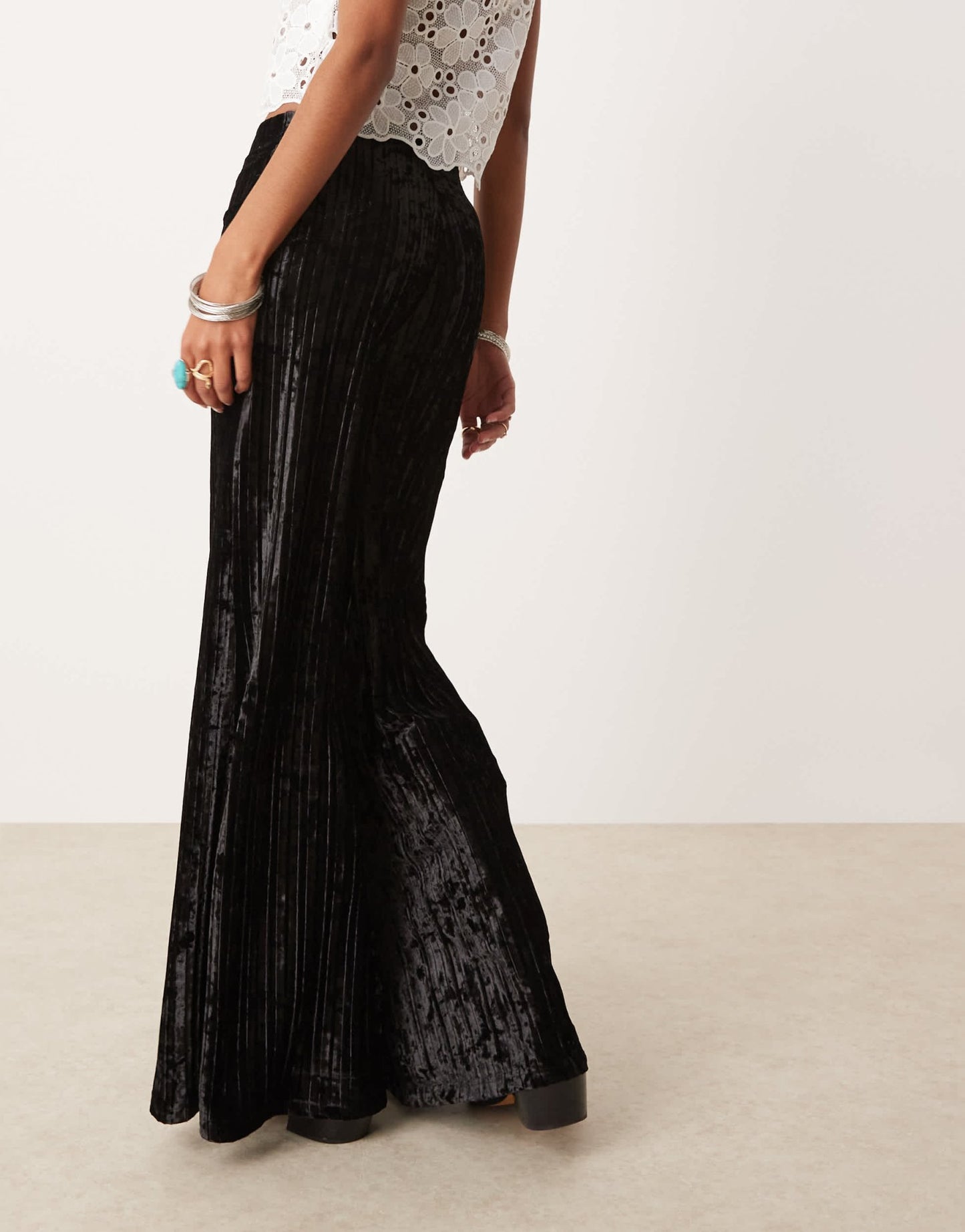 Free People crinkle velvet pleated wide leg trousers in black - ASOS Sample Sale EU Store