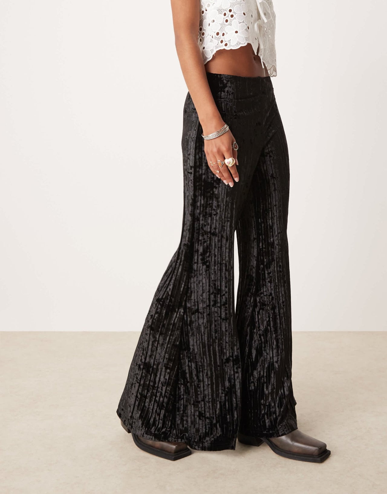 Free People crinkle velvet pleated wide leg trousers in black - ASOS Sample Sale EU Store